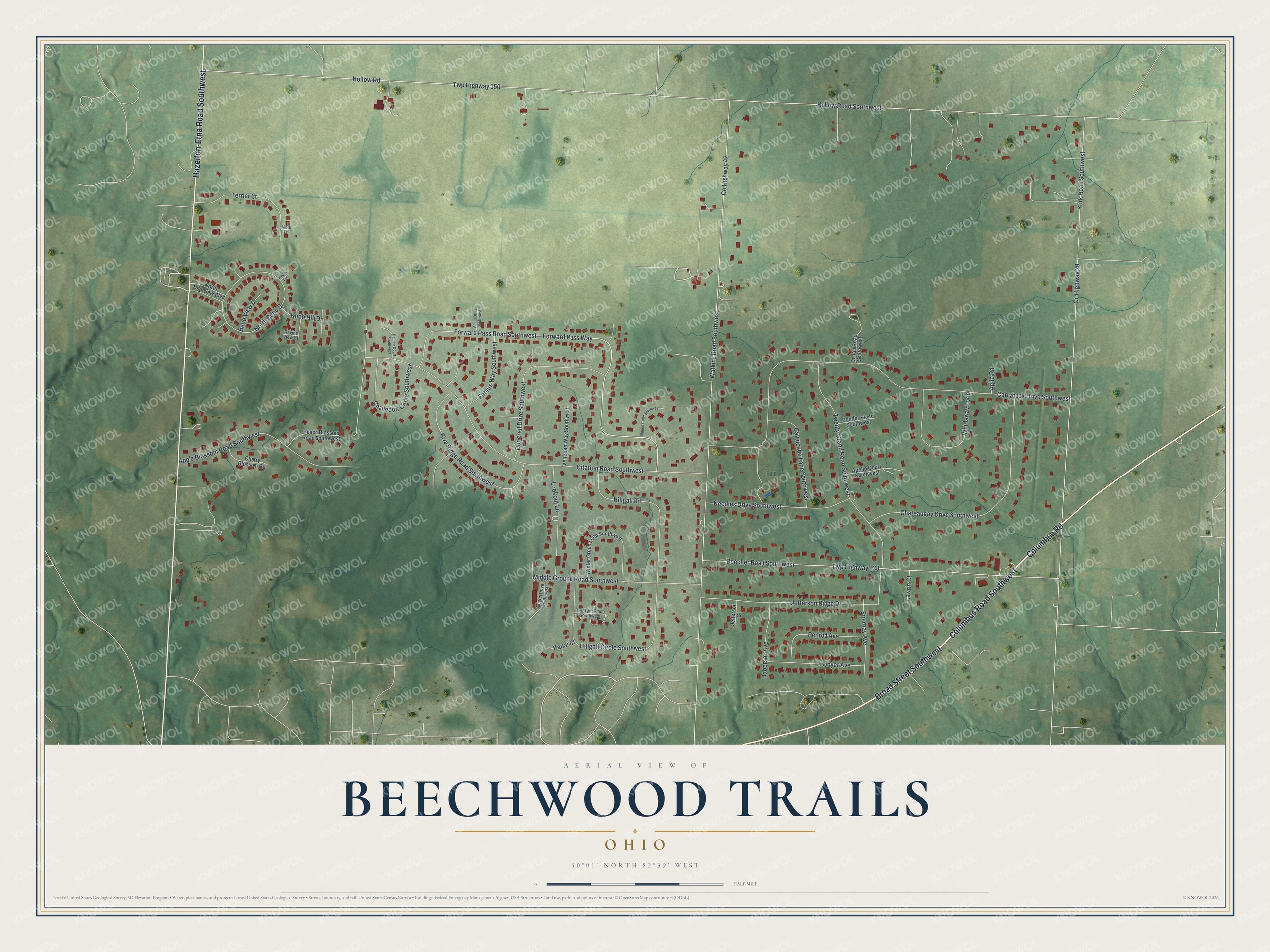 Full map of Beechwood Trails, Ohio, with red buildings, printed street names and the land around them