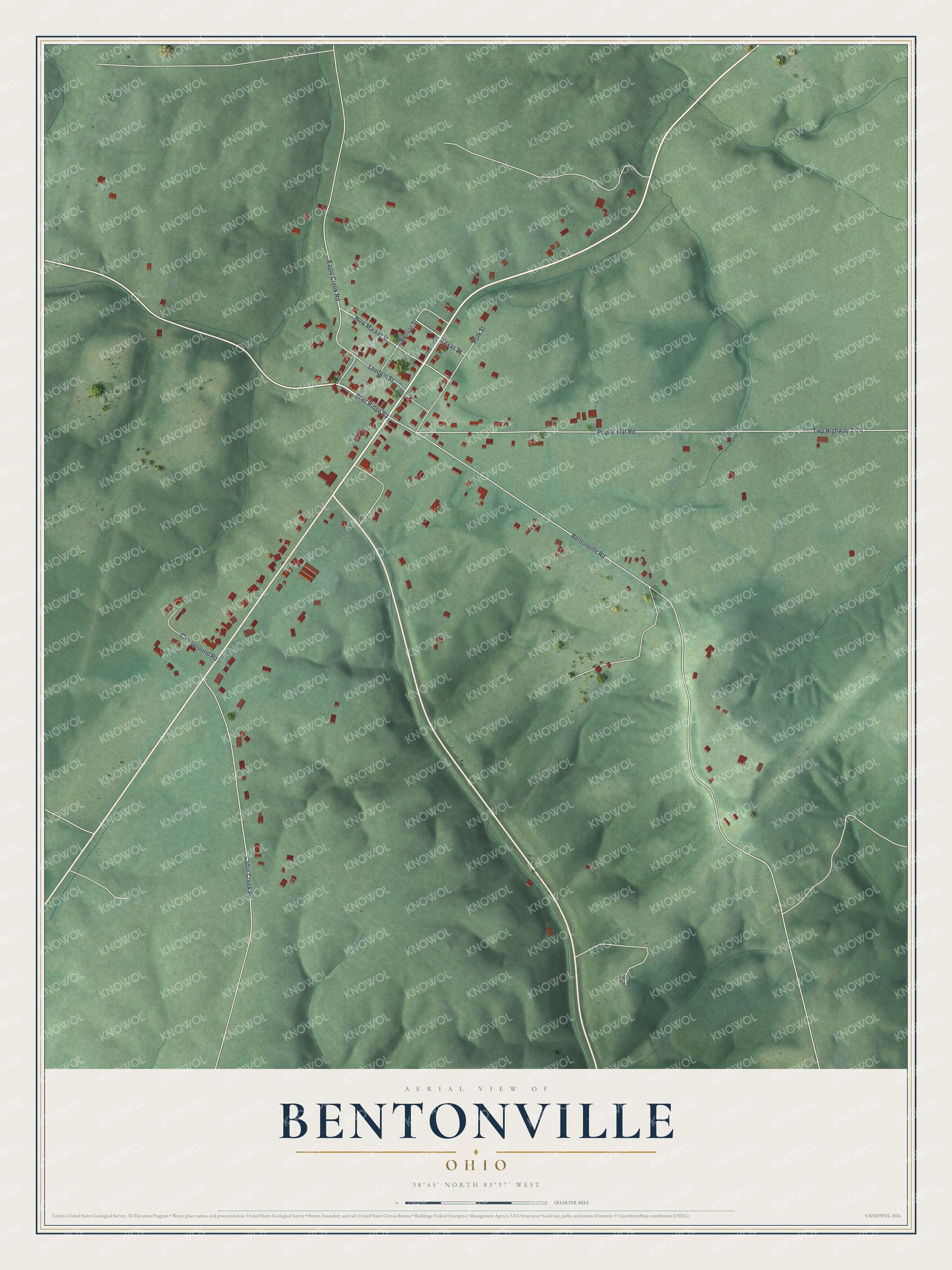 Full map of Bentonville, Ohio, with red buildings, printed street names and the land around them