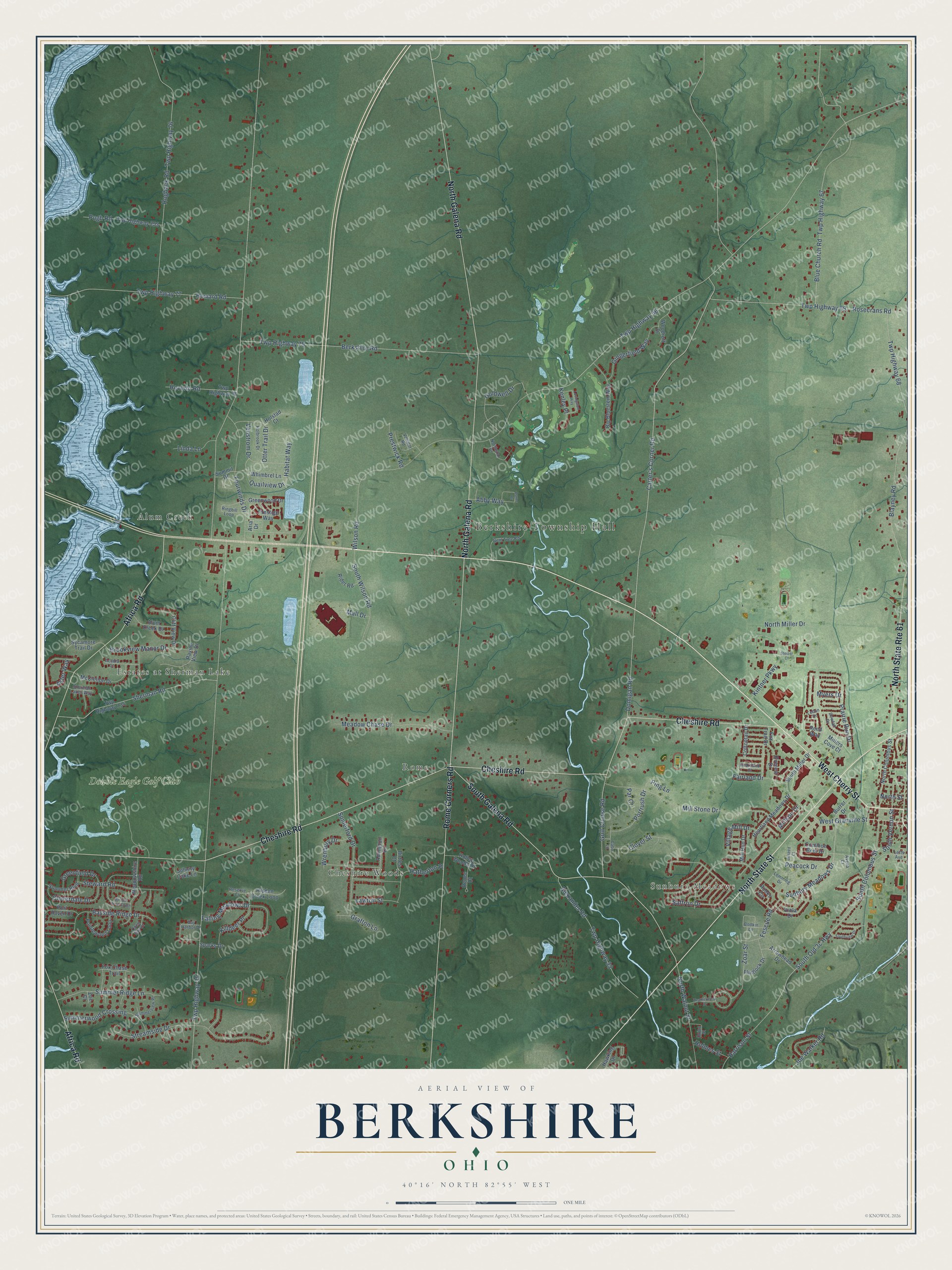 Full map of Berkshire, Ohio, with red buildings, printed street names and the land around them