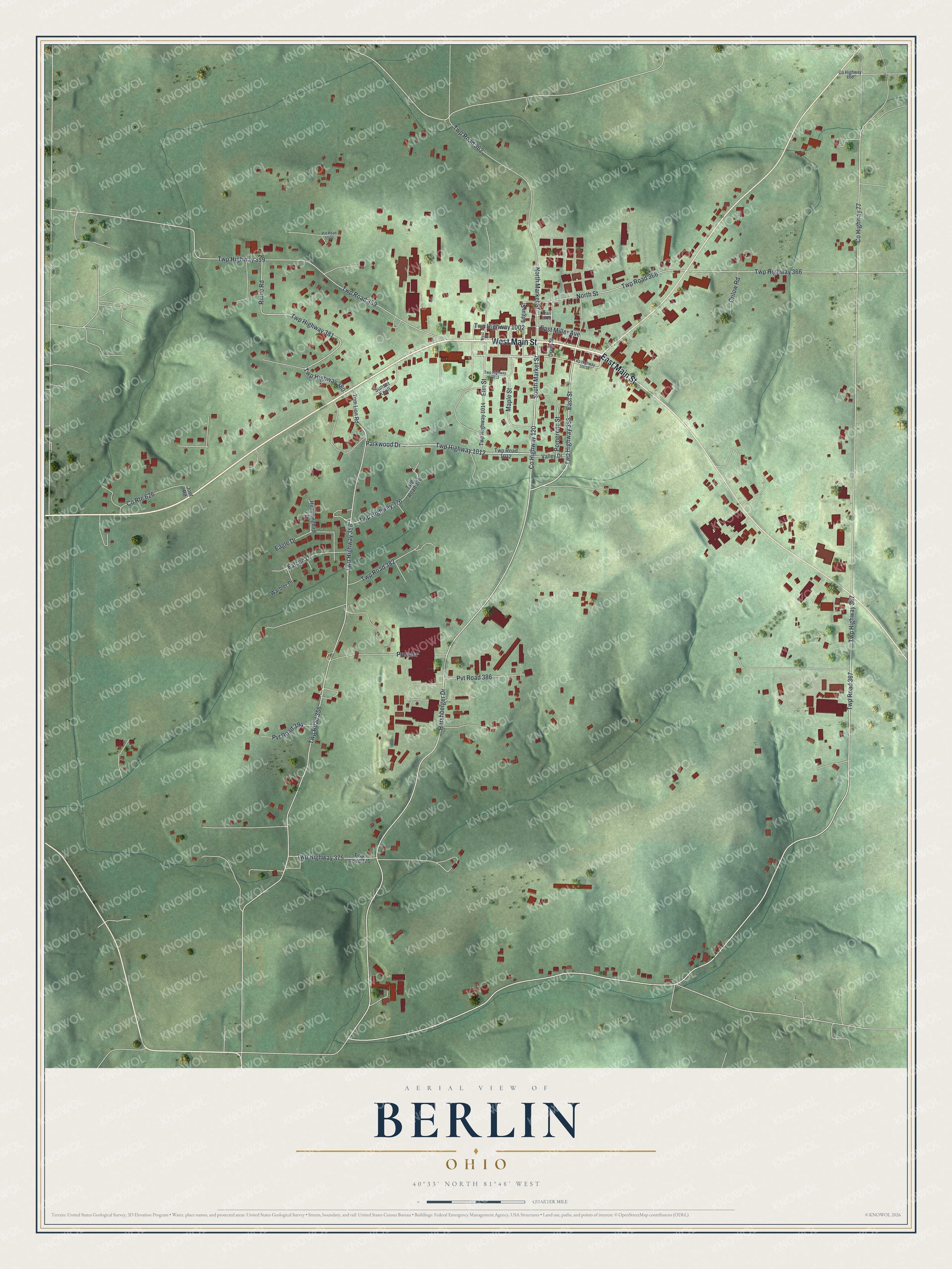 Full map of Berlin, Ohio, with red buildings, printed street names and the land around them