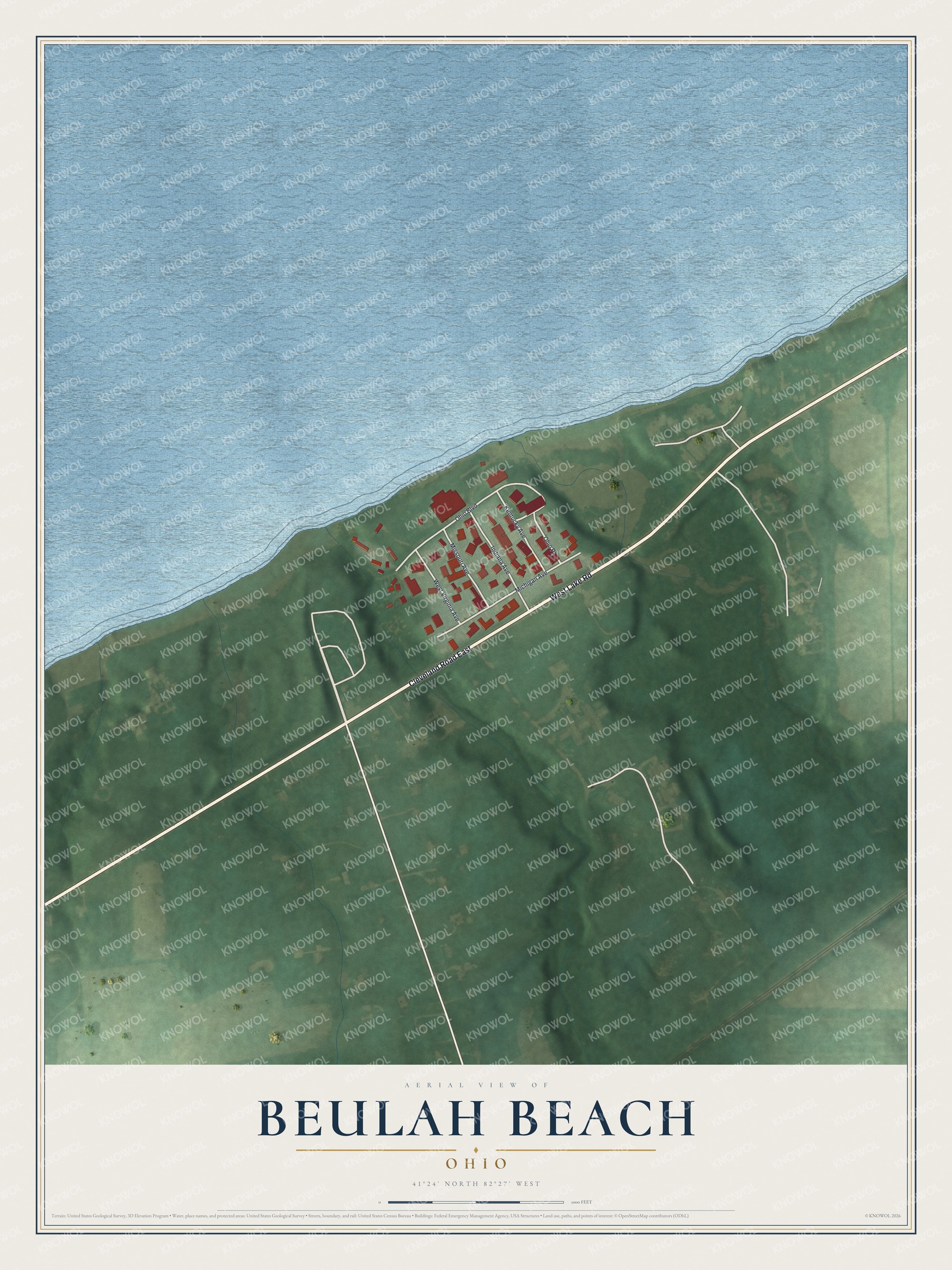 Full map of Beulah Beach, Ohio, with red buildings, printed street names and the land around them
