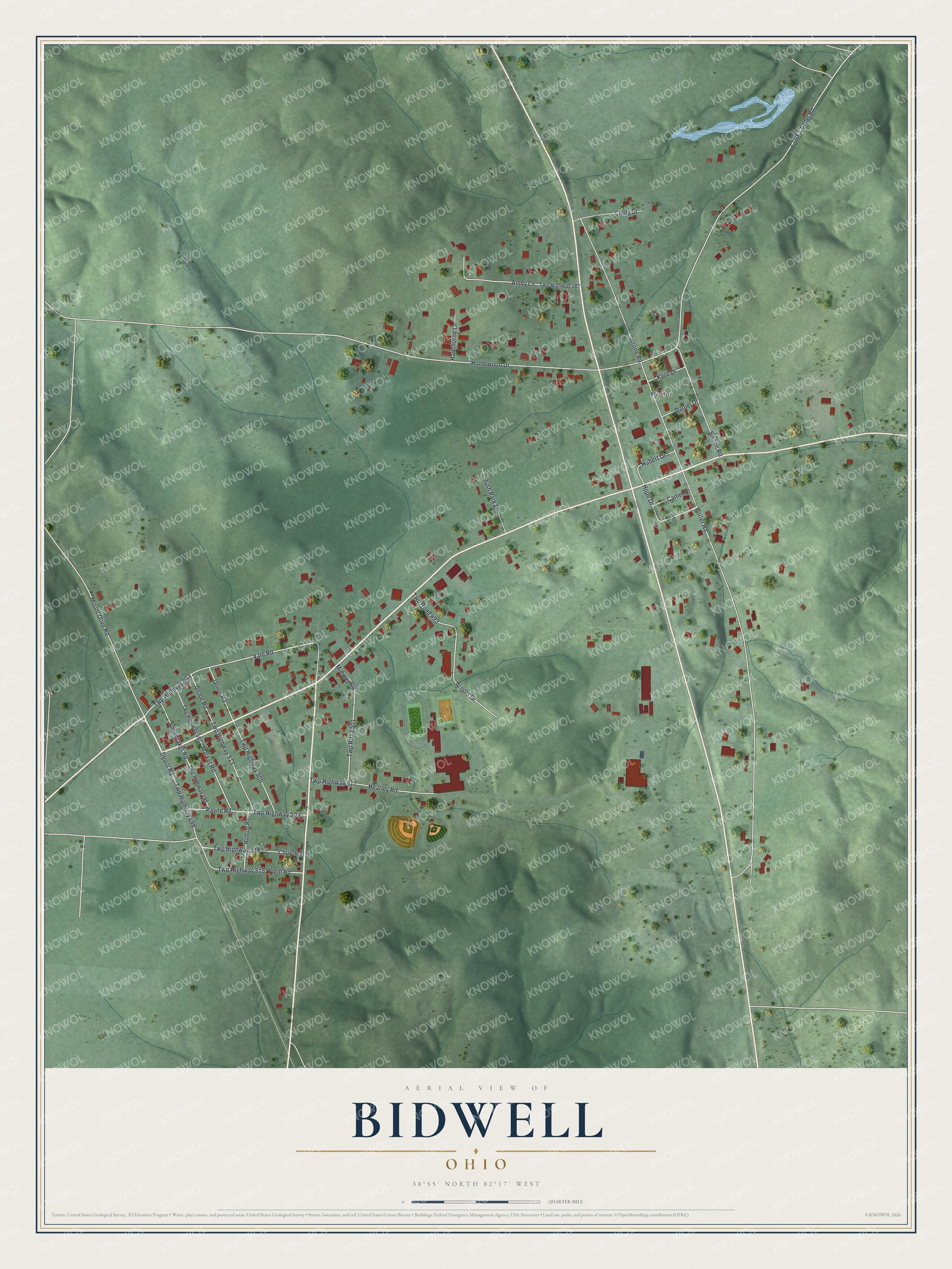 Full map of Bidwell, Ohio, with red buildings, printed street names and the land around them