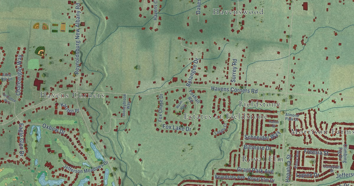 Close-up of streets and buildings in Blacklick, Ohio