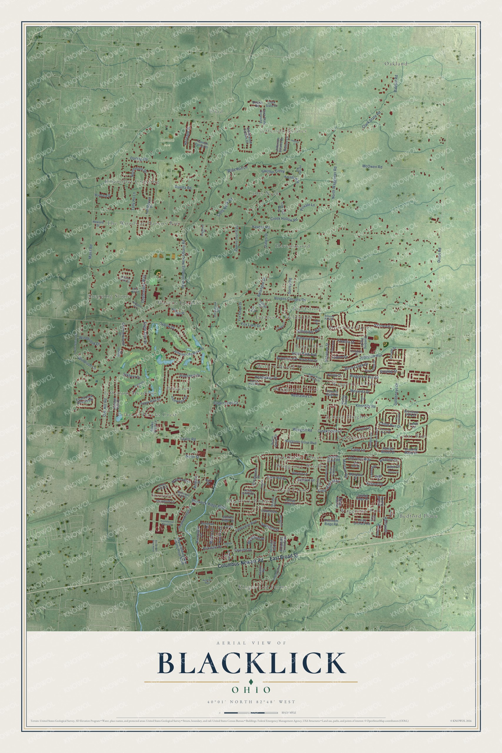 Full map of Blacklick, Ohio, with red buildings, printed street names and the land around them