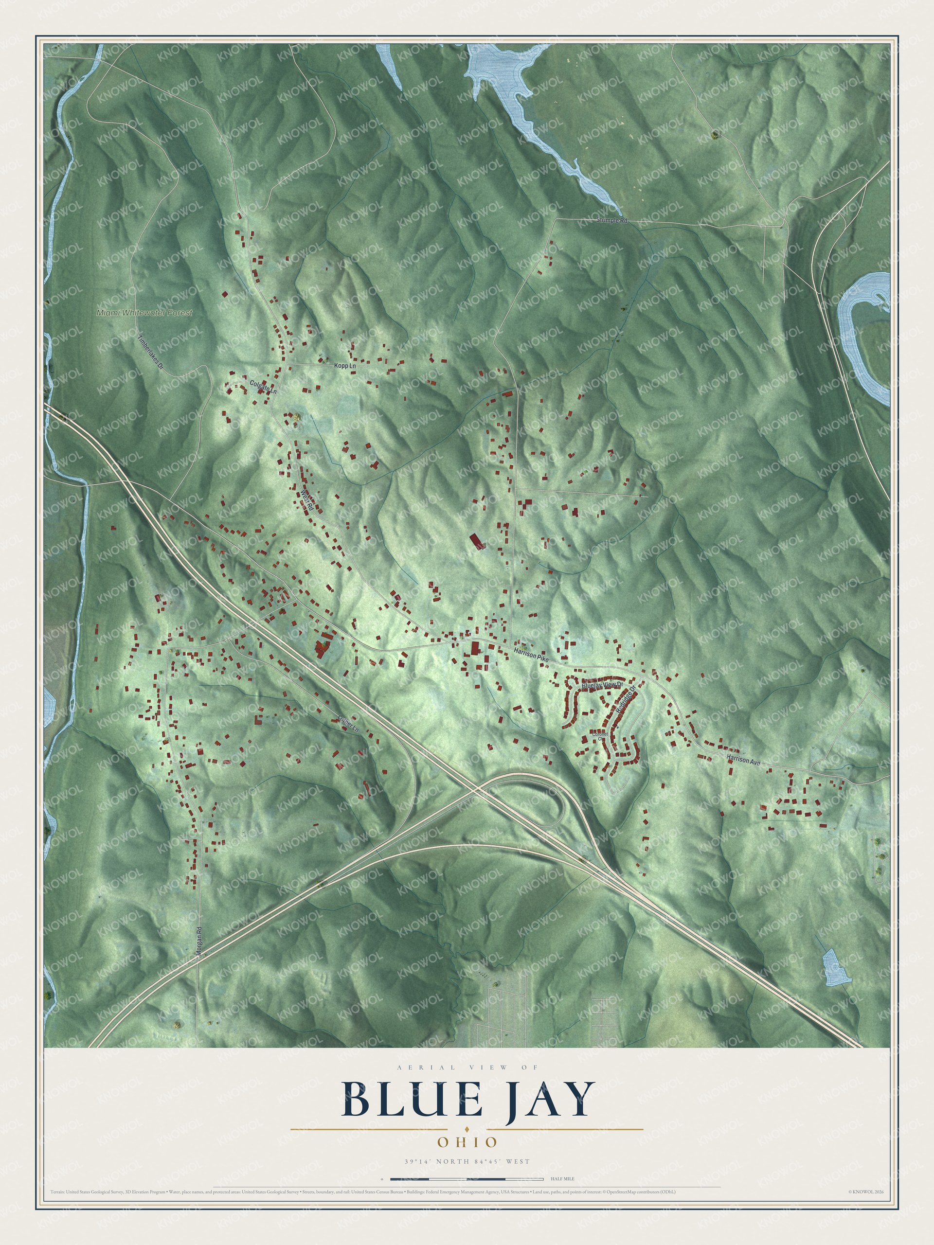 Full map of Blue Jay, Ohio, with red buildings, printed street names and the land around them