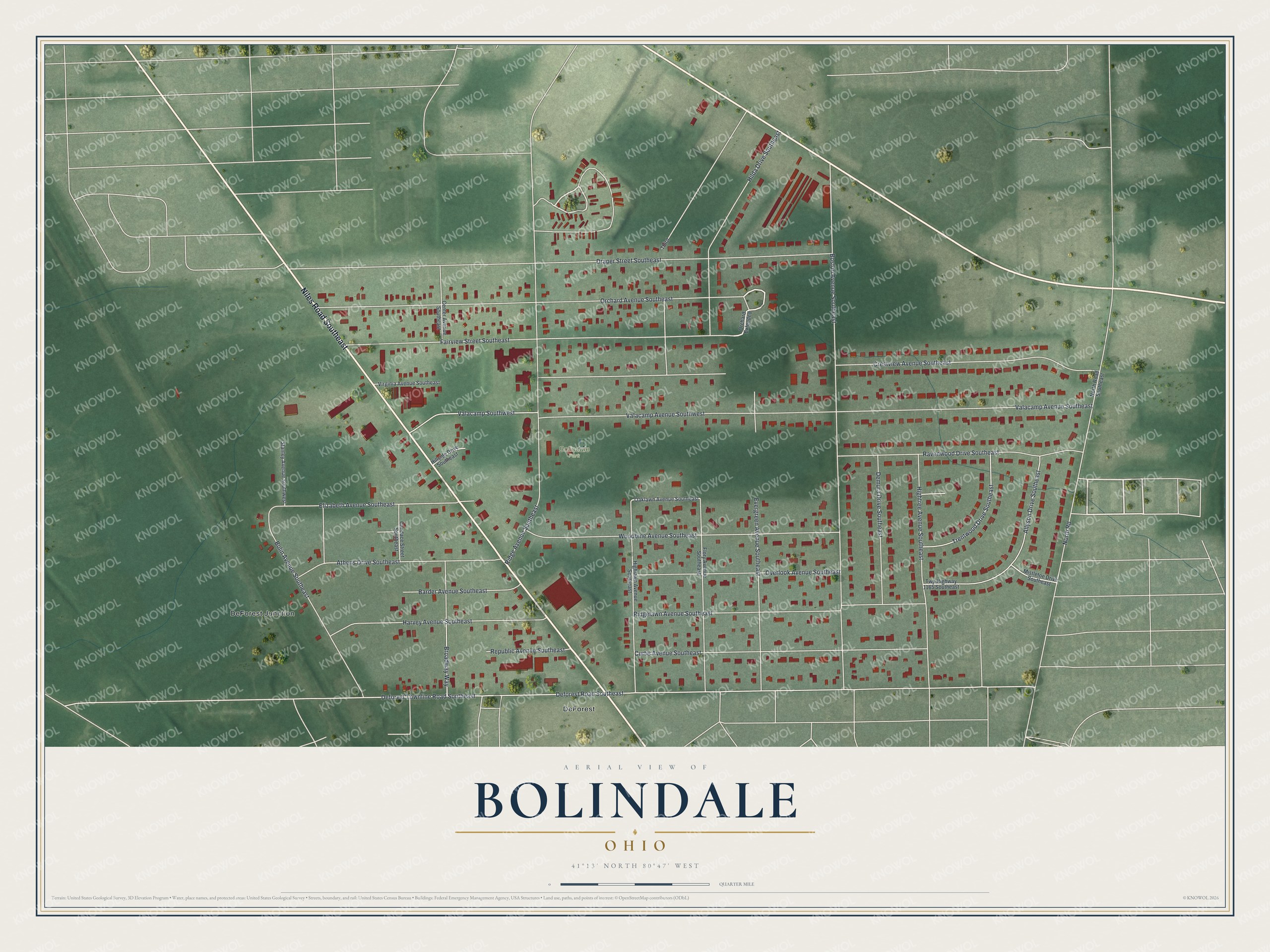Full map of Bolindale, Ohio, with red buildings, printed street names and the land around them