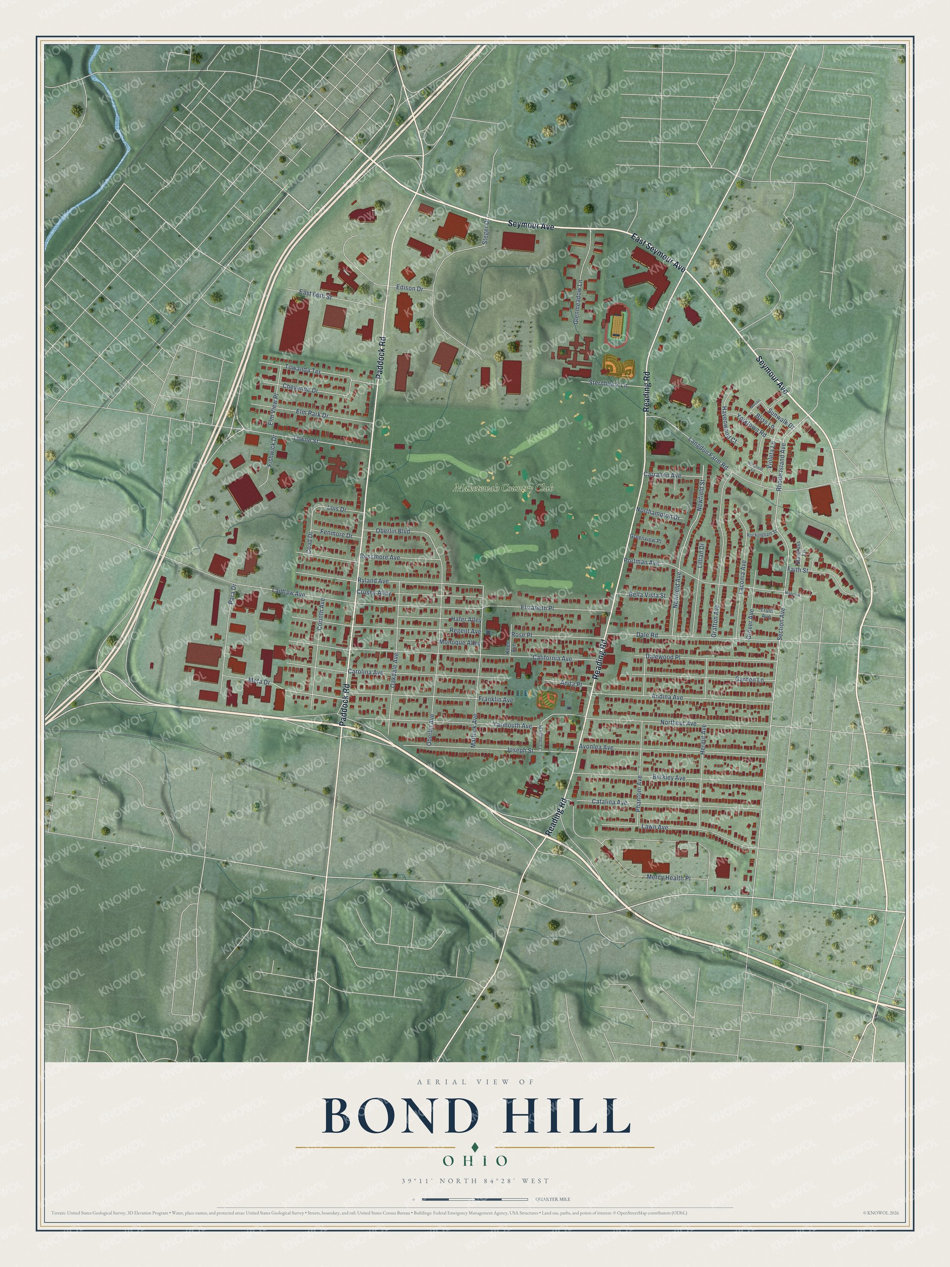 Full map of Bond Hill, Ohio, with red buildings, printed street names and the land around them