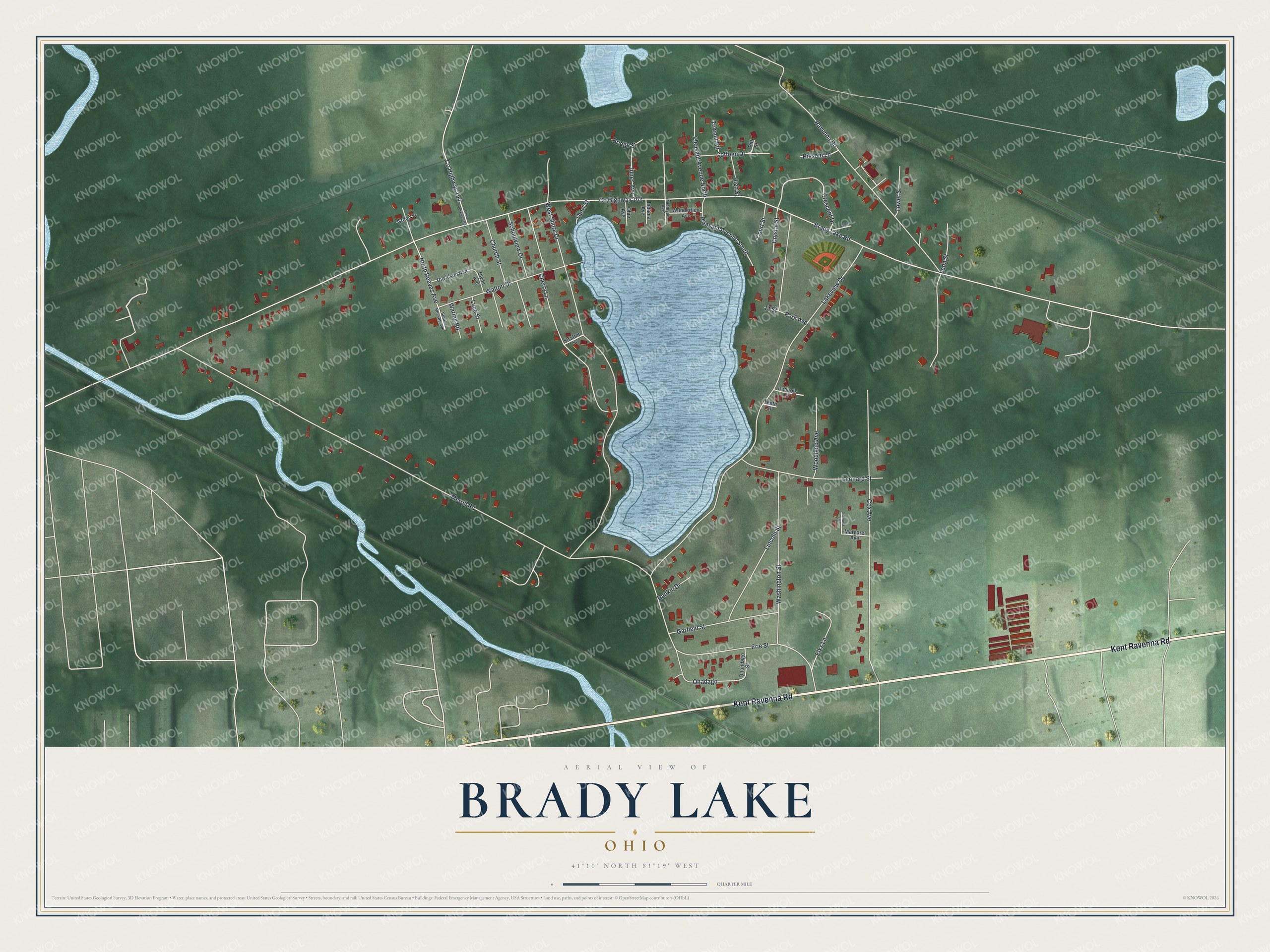 Full map of Brady Lake, Ohio, with red buildings, printed street names and the land around them