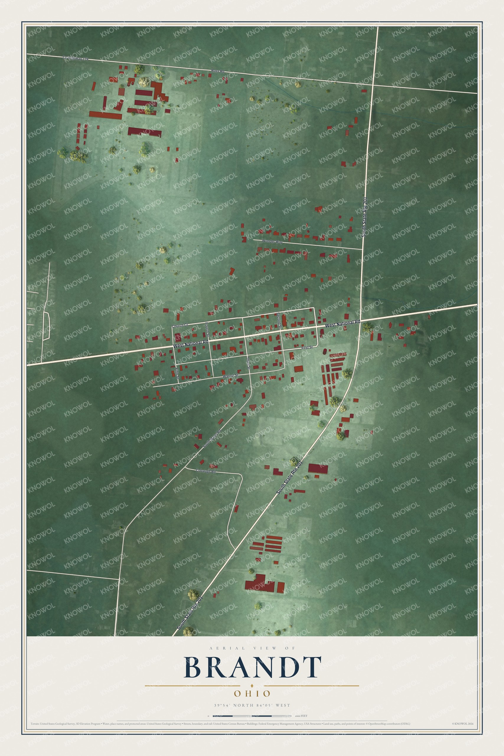 Full map of Brandt, Ohio, with red buildings, printed street names and the land around them