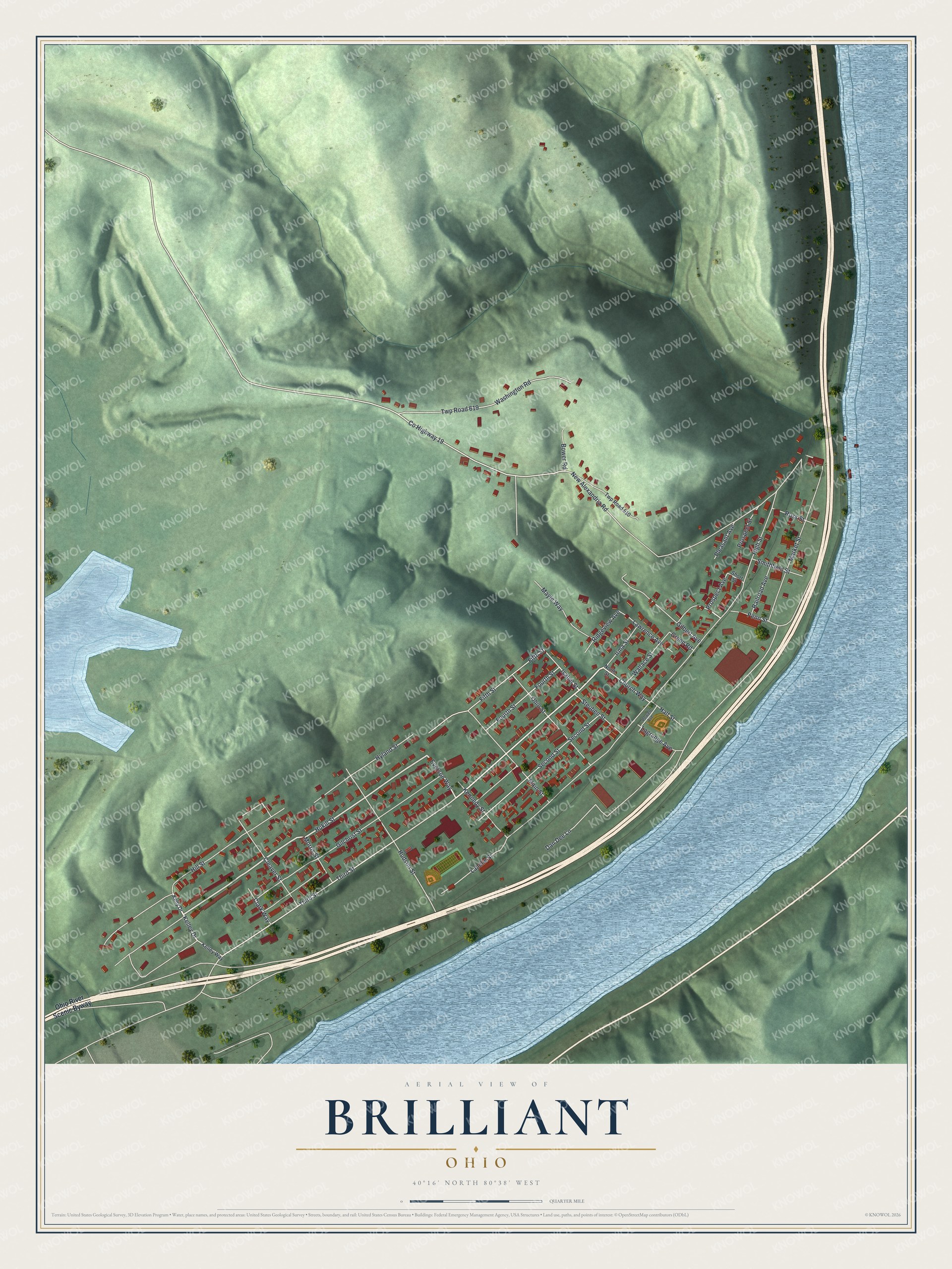 Full map of Brilliant, Ohio, with red buildings, printed street names and the land around them