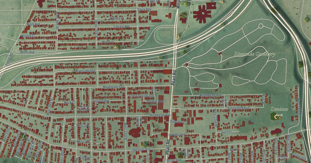 Close-up of streets and buildings in Brooklyn Centre, Ohio