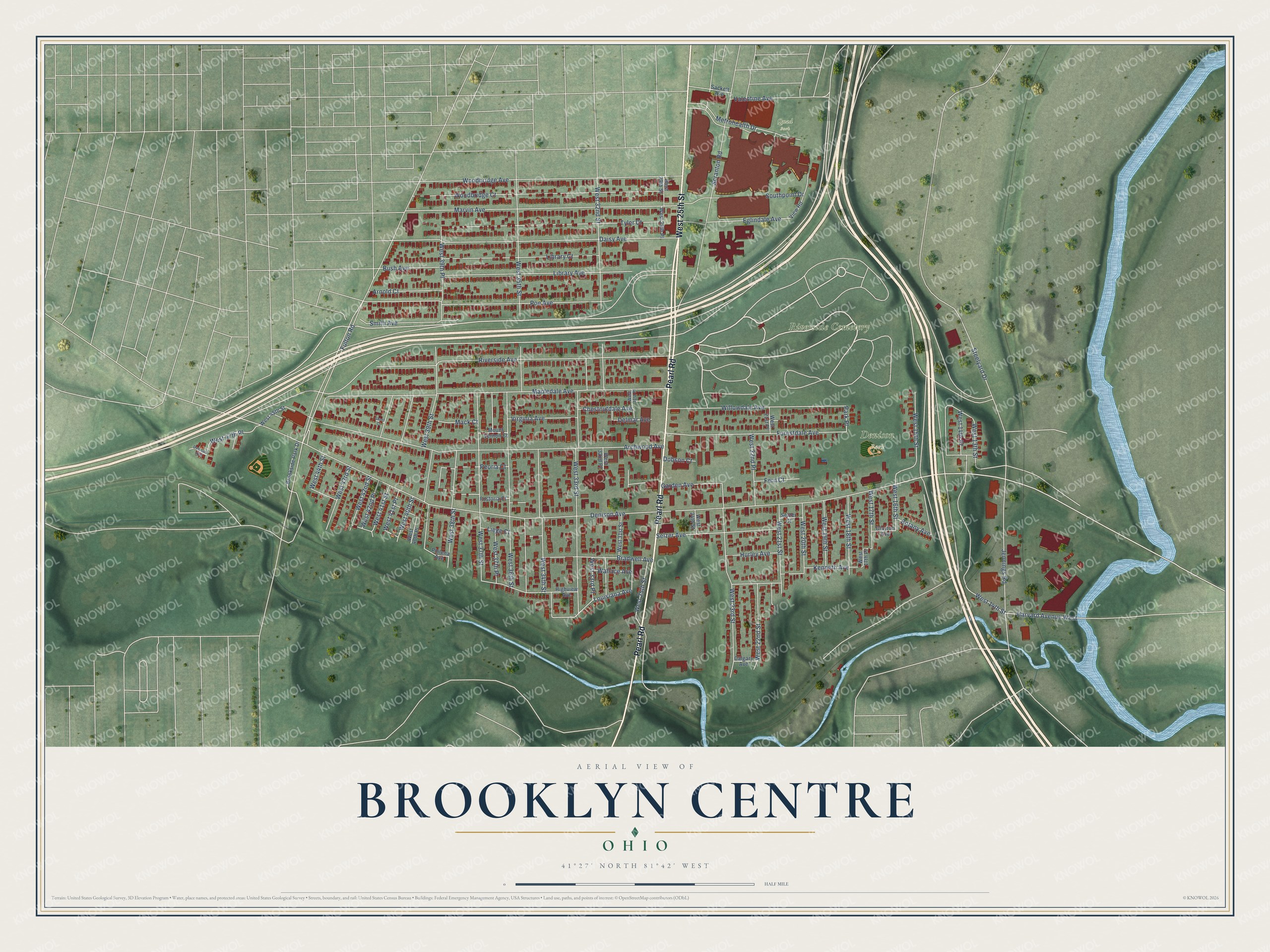 Full map of Brooklyn Centre, Ohio, with red buildings, printed street names and the land around them