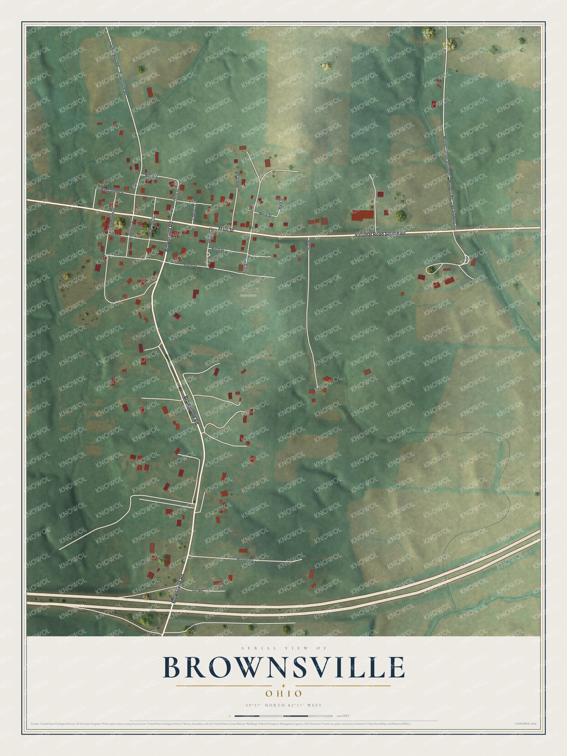Full map of Brownsville, Ohio, with red buildings, printed street names and the land around them