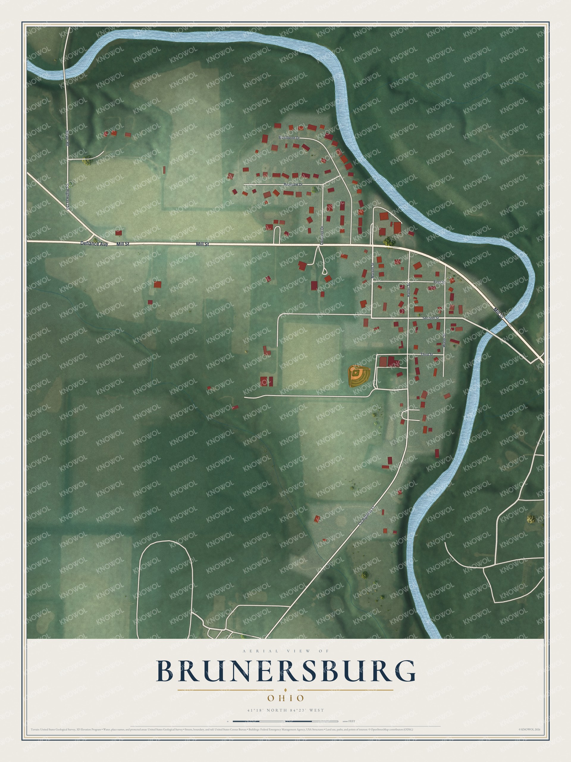 Full map of Brunersburg, Ohio, with red buildings, printed street names and the land around them