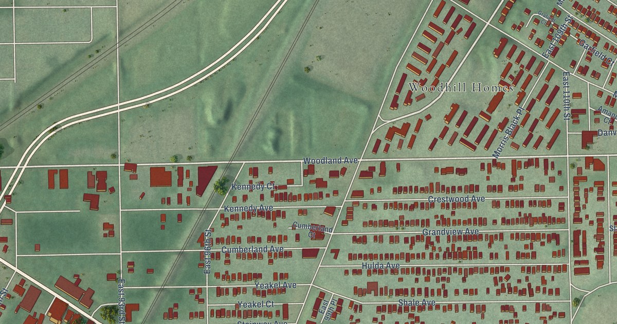 Close-up of streets and buildings in Buckeye-Woodhill, Ohio
