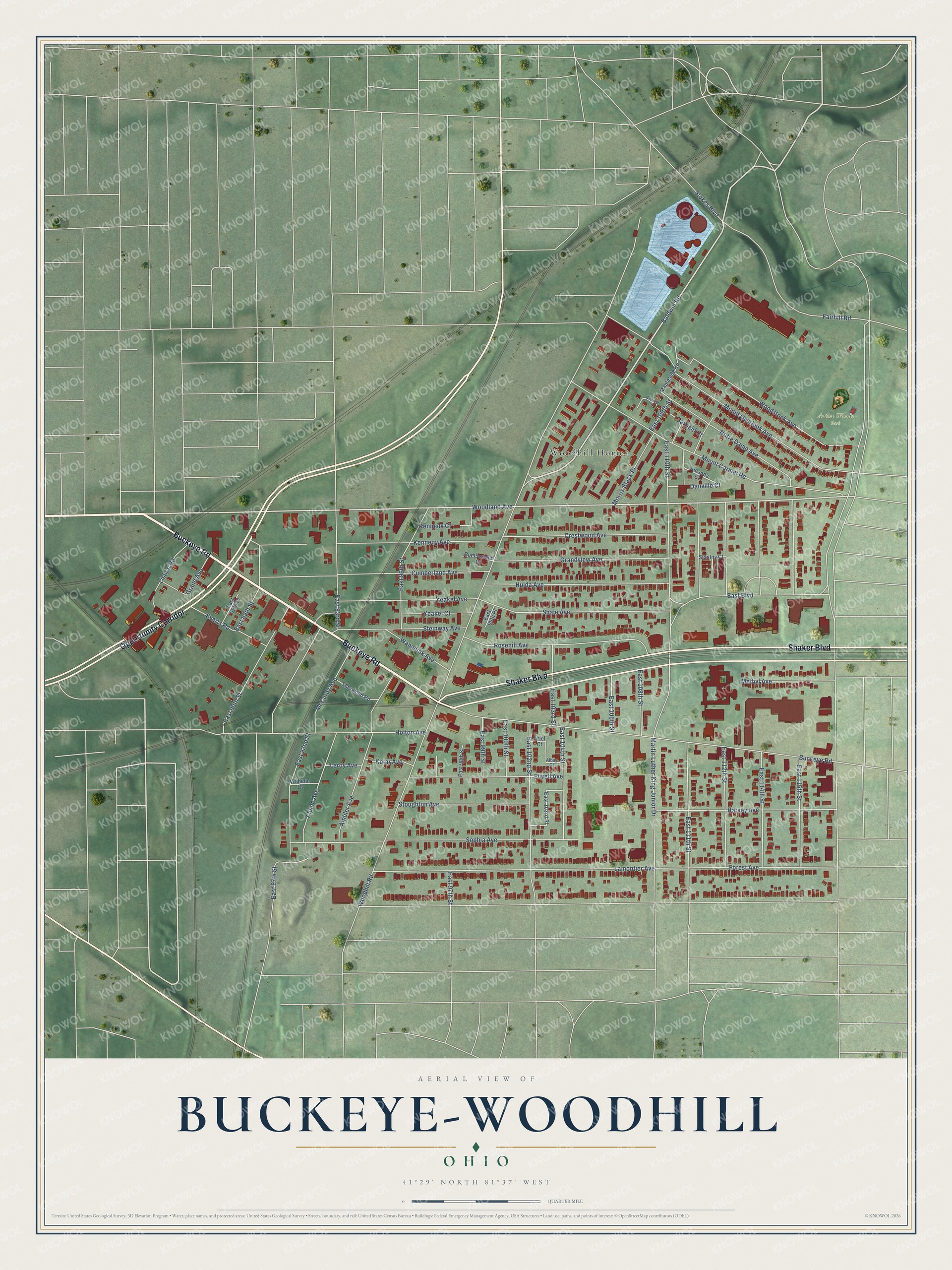 Full map of Buckeye-Woodhill, Ohio, with red buildings, printed street names and the land around them