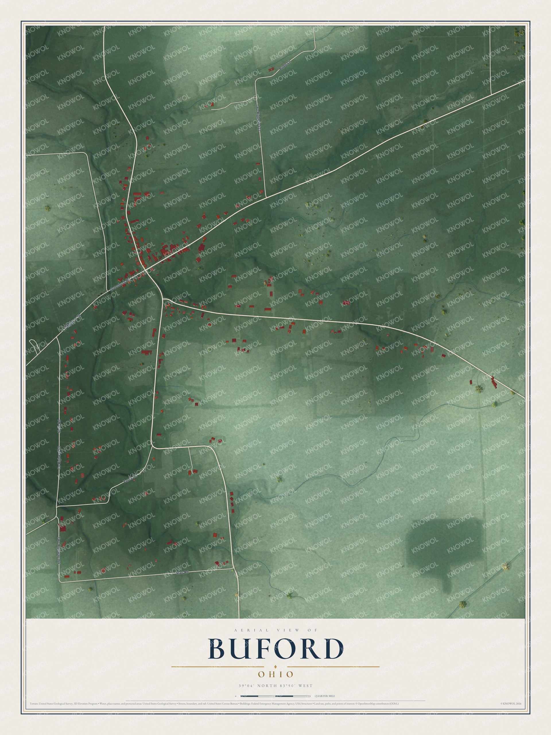 Full map of Buford, Ohio, with red buildings, printed street names and the land around them