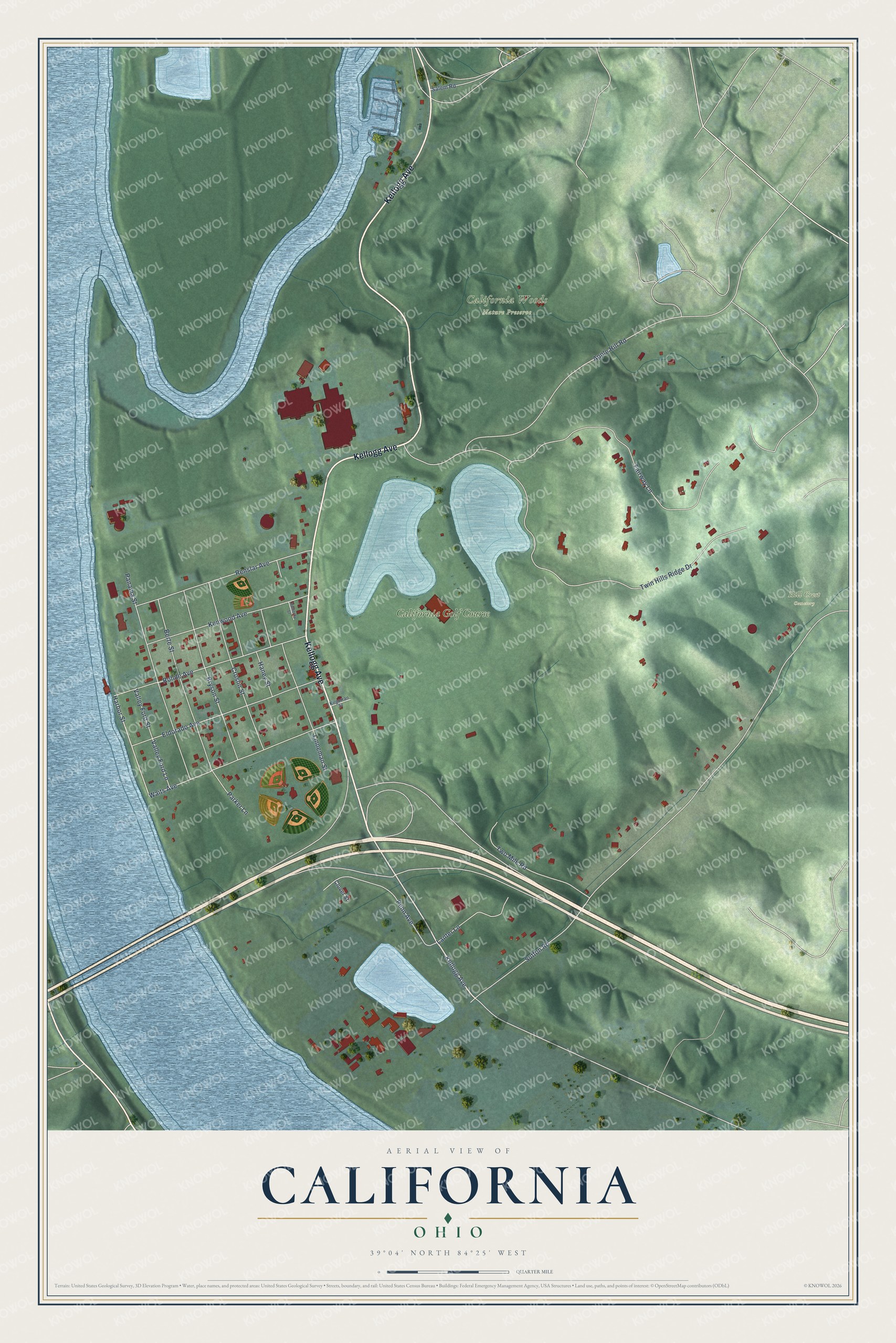 Full map of California, Ohio, with red buildings, printed street names and the land around them