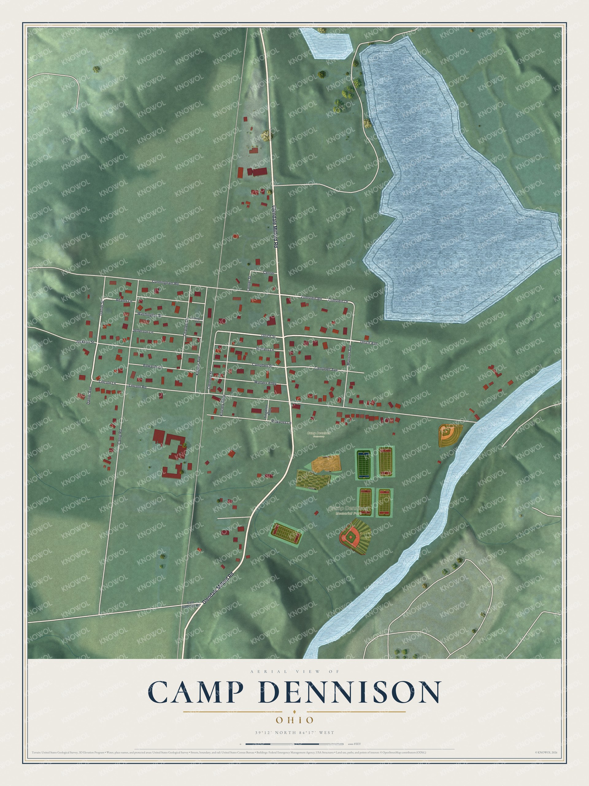 Full map of Camp Dennison, Ohio, with red buildings, printed street names and the land around them
