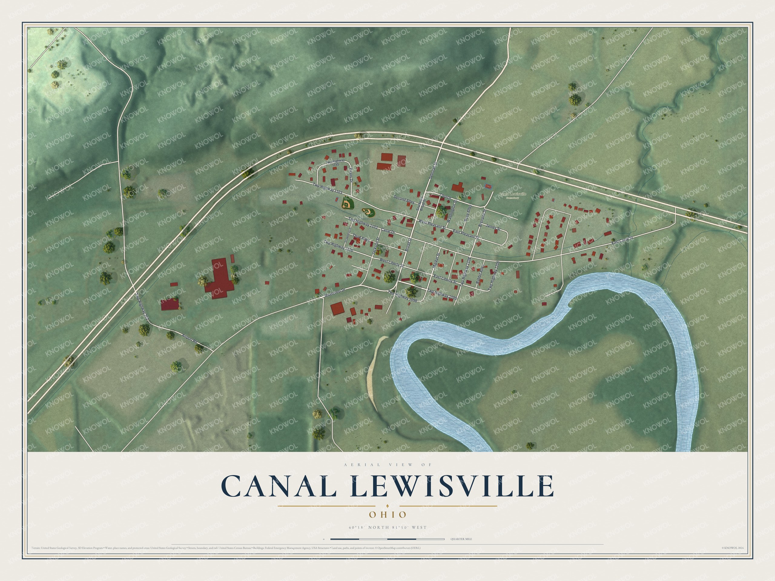 Full map of Canal Lewisville, Ohio, with red buildings, printed street names and the land around them