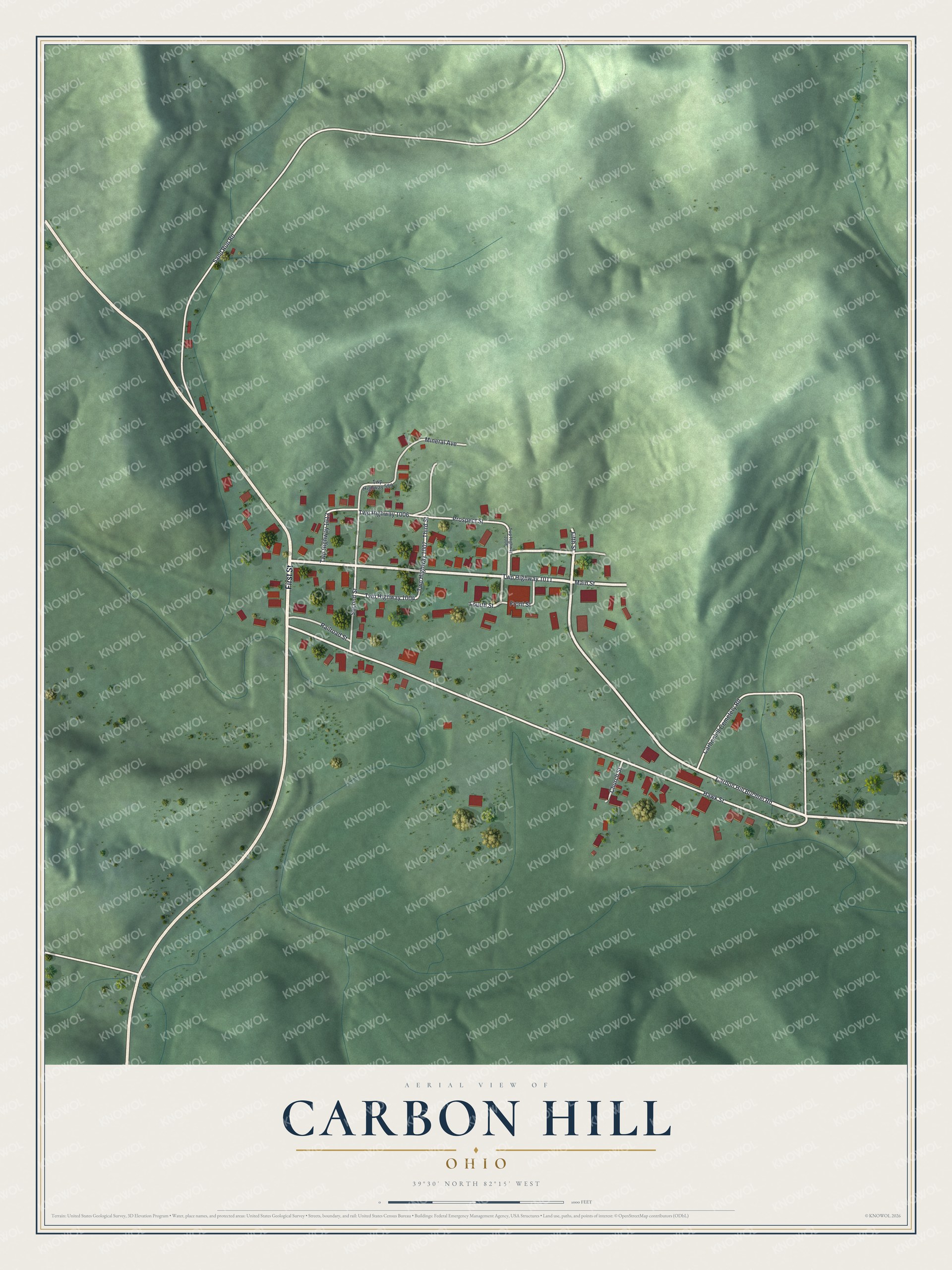 Full map of Carbon Hill, Ohio, with red buildings, printed street names and the land around them