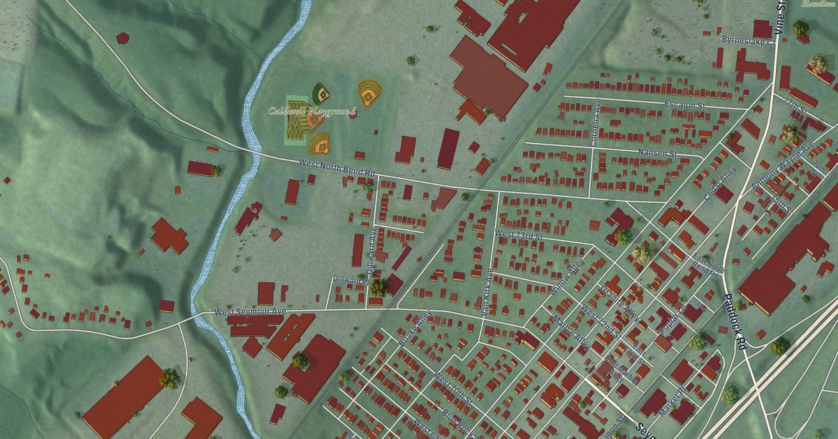 Close-up of streets and buildings in Carthage, Ohio