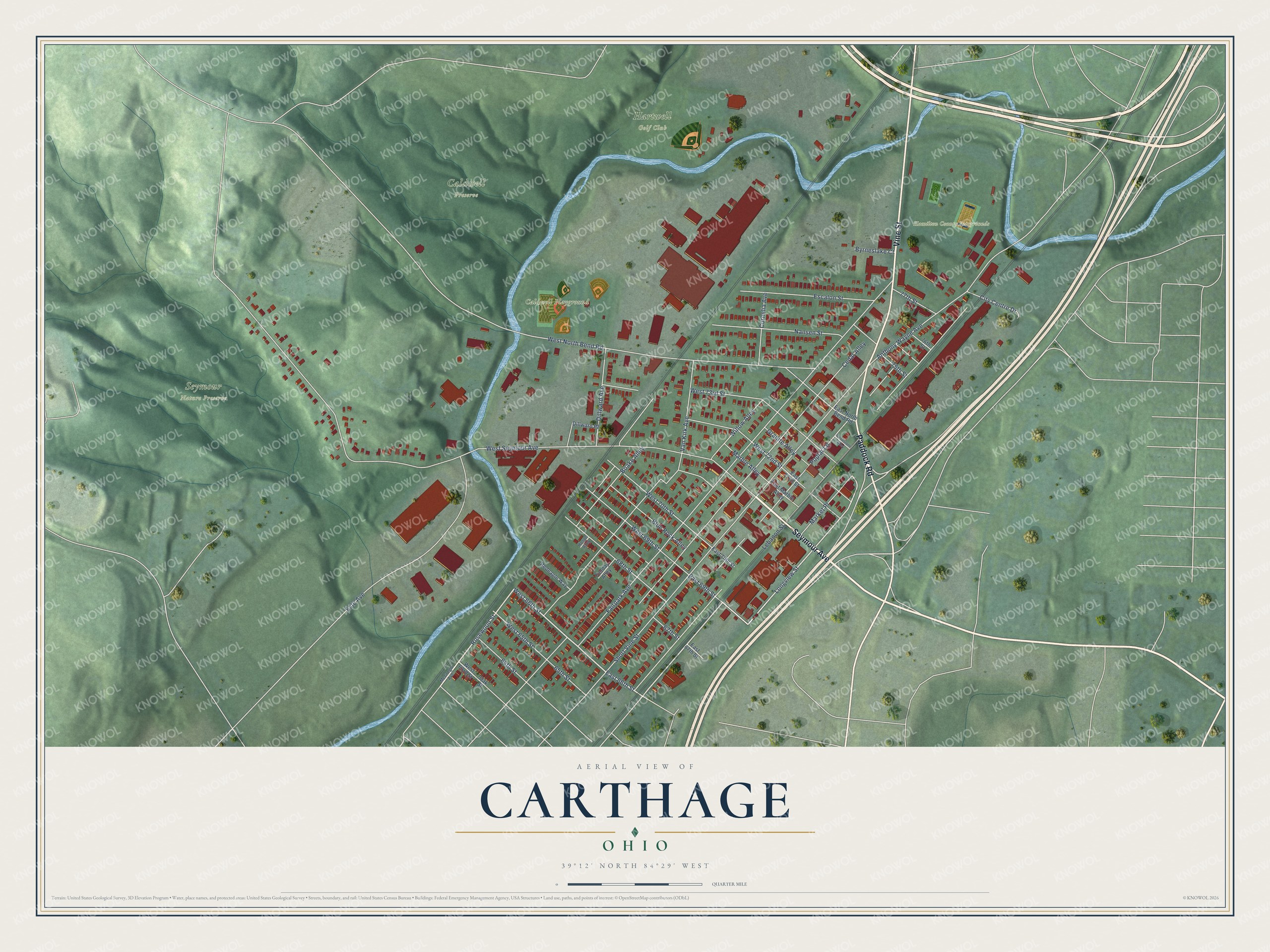 Full map of Carthage, Ohio, with red buildings, printed street names and the land around them