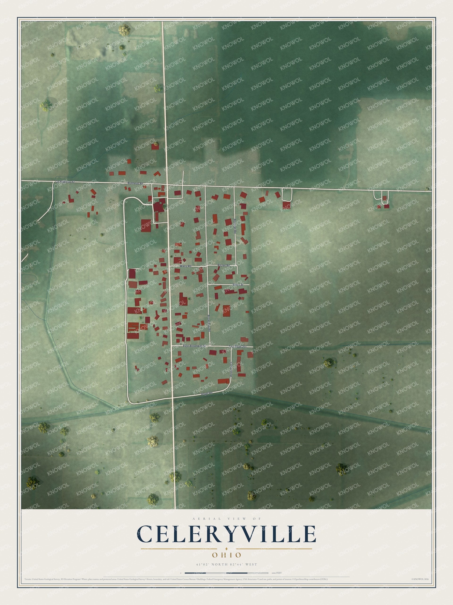 Full map of Celeryville, Ohio, with red buildings, printed street names and the land around them