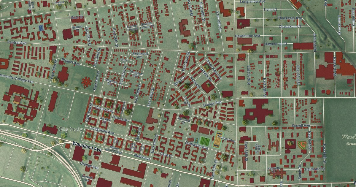 Close-up of streets and buildings in Central, Ohio
