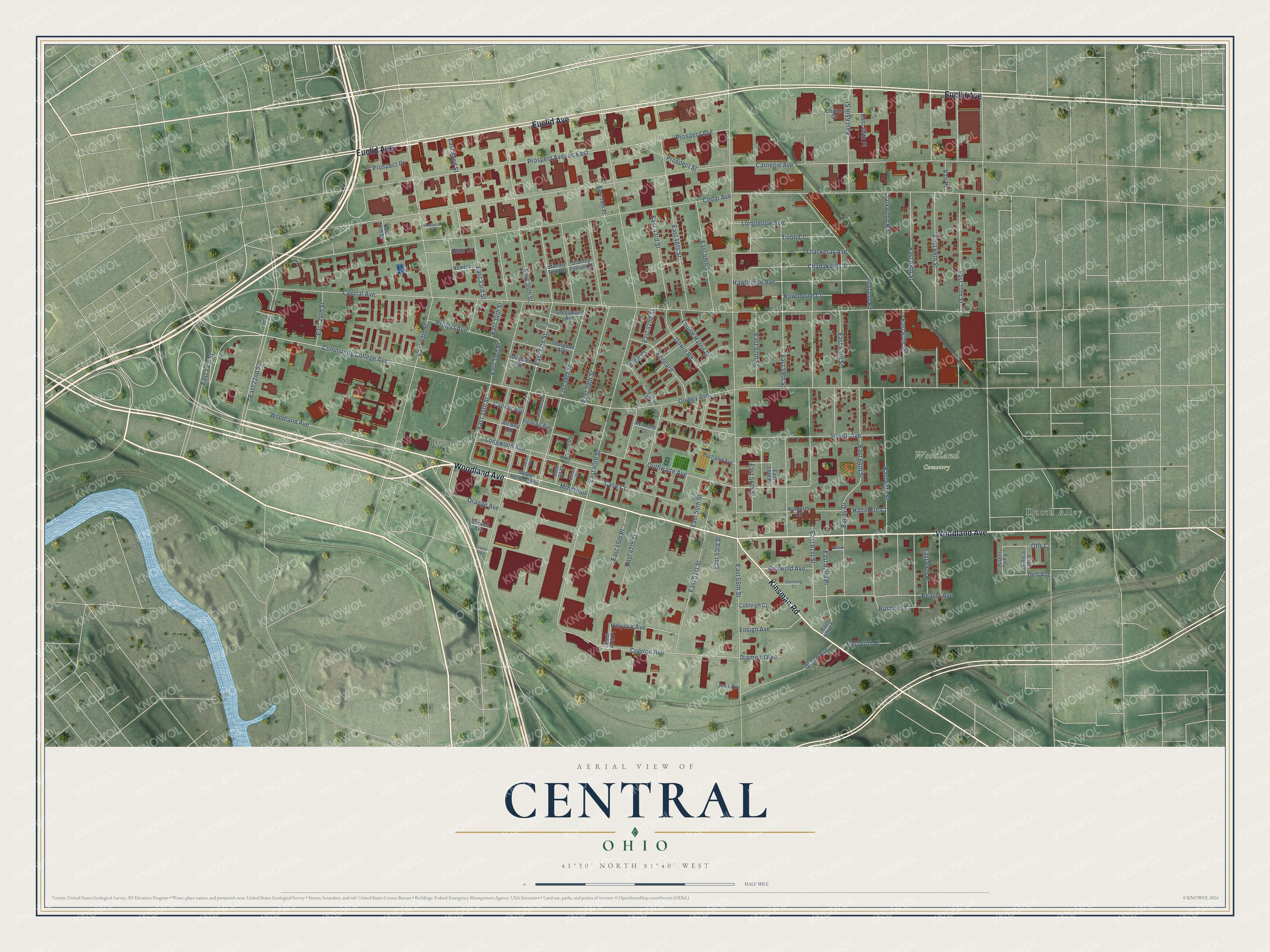Full map of Central, Ohio, with red buildings, printed street names and the land around them