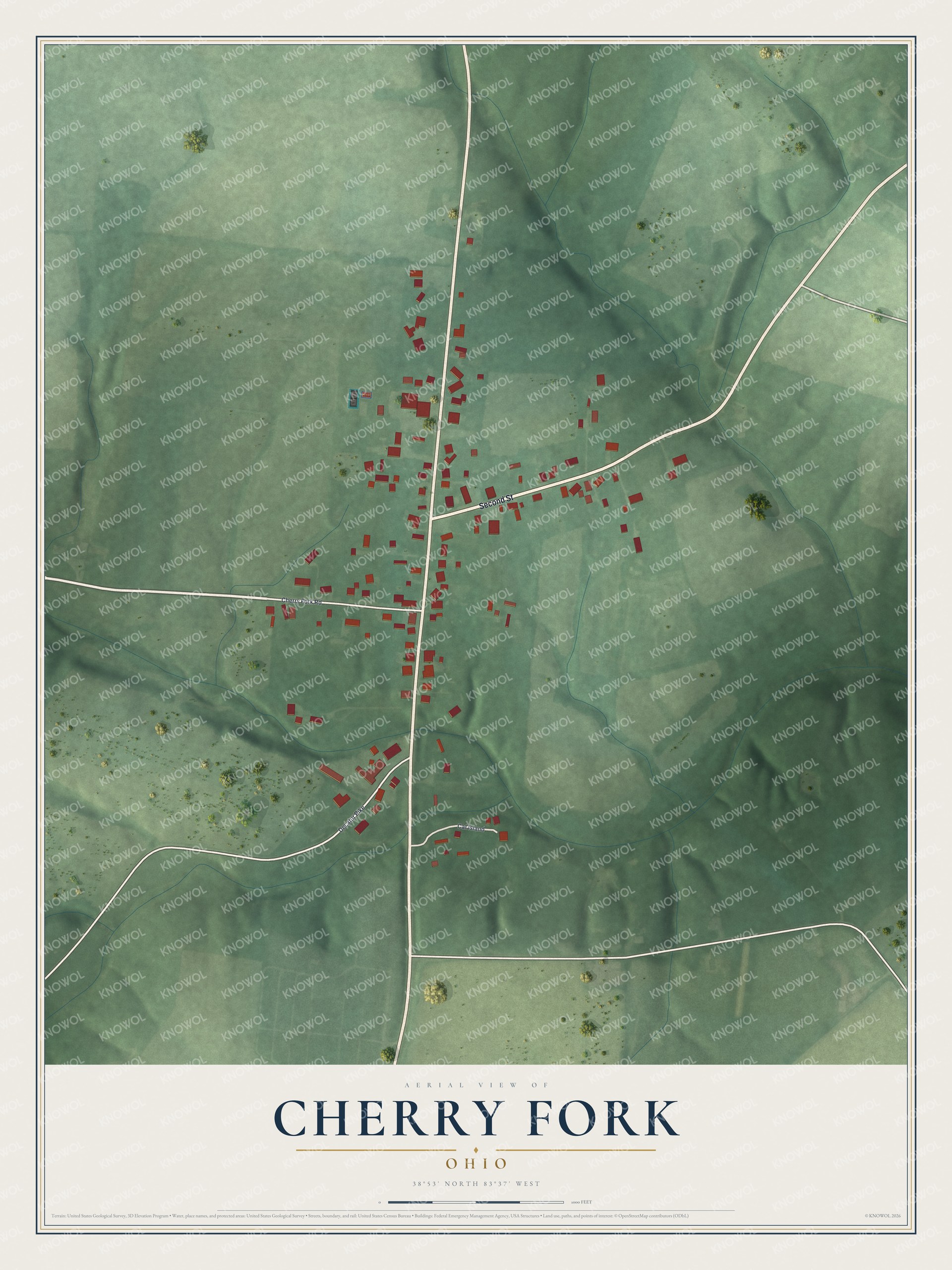 Full map of Cherry Fork, Ohio, with red buildings, printed street names and the land around them