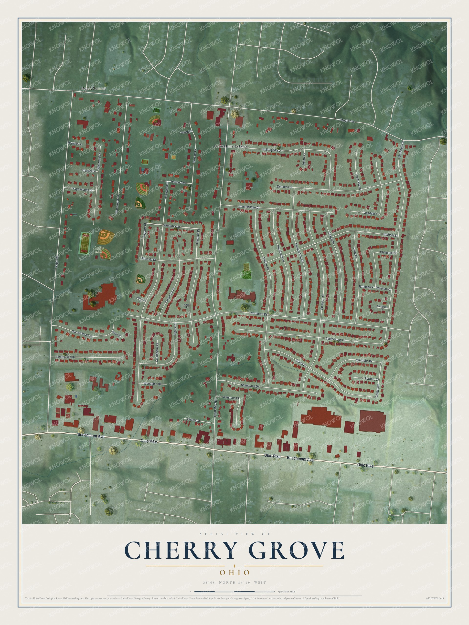 Full map of Cherry Grove, Ohio, with red buildings, printed street names and the land around them