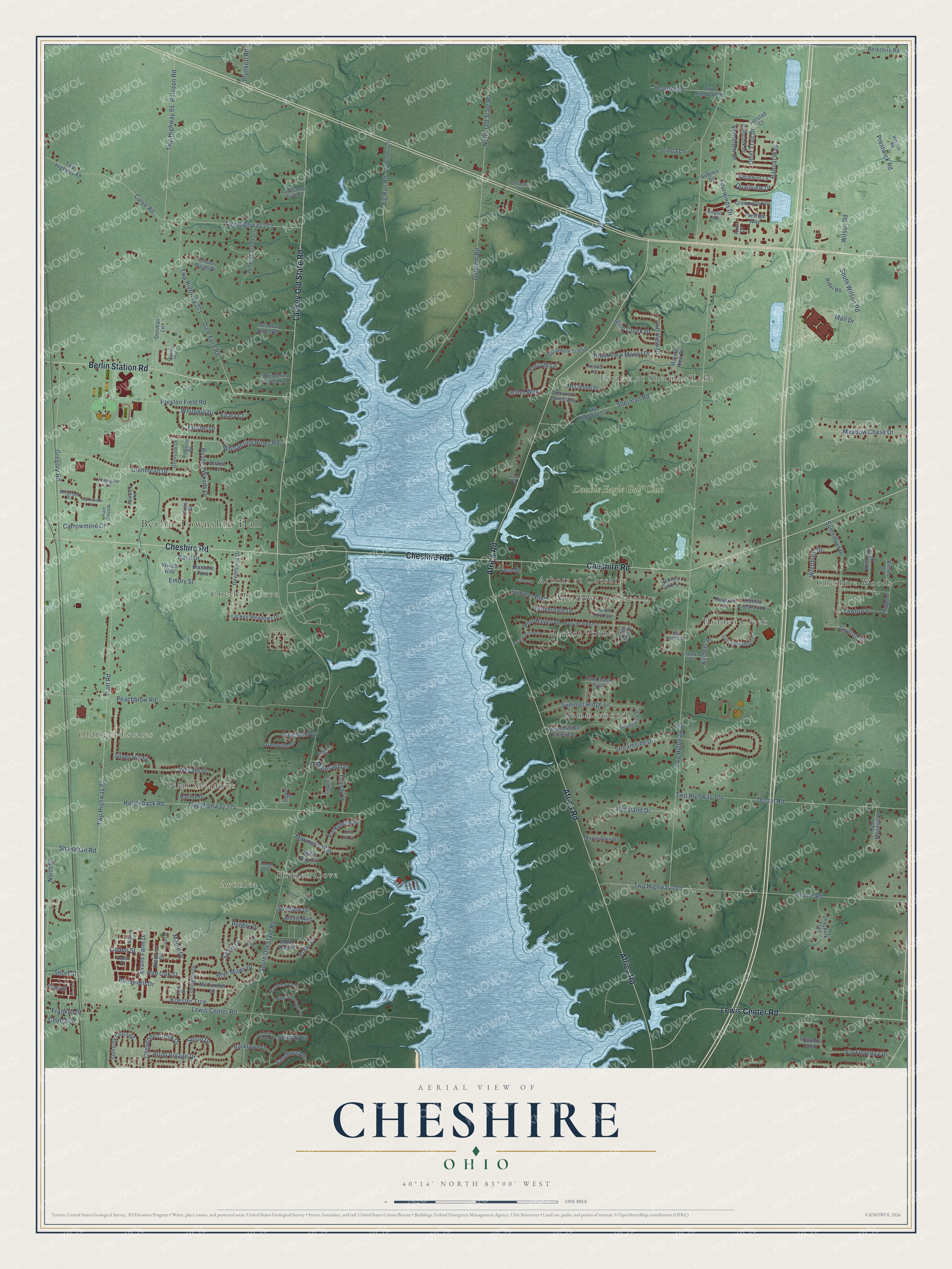 Full map of Cheshire, Ohio, with red buildings, printed street names and the land around them