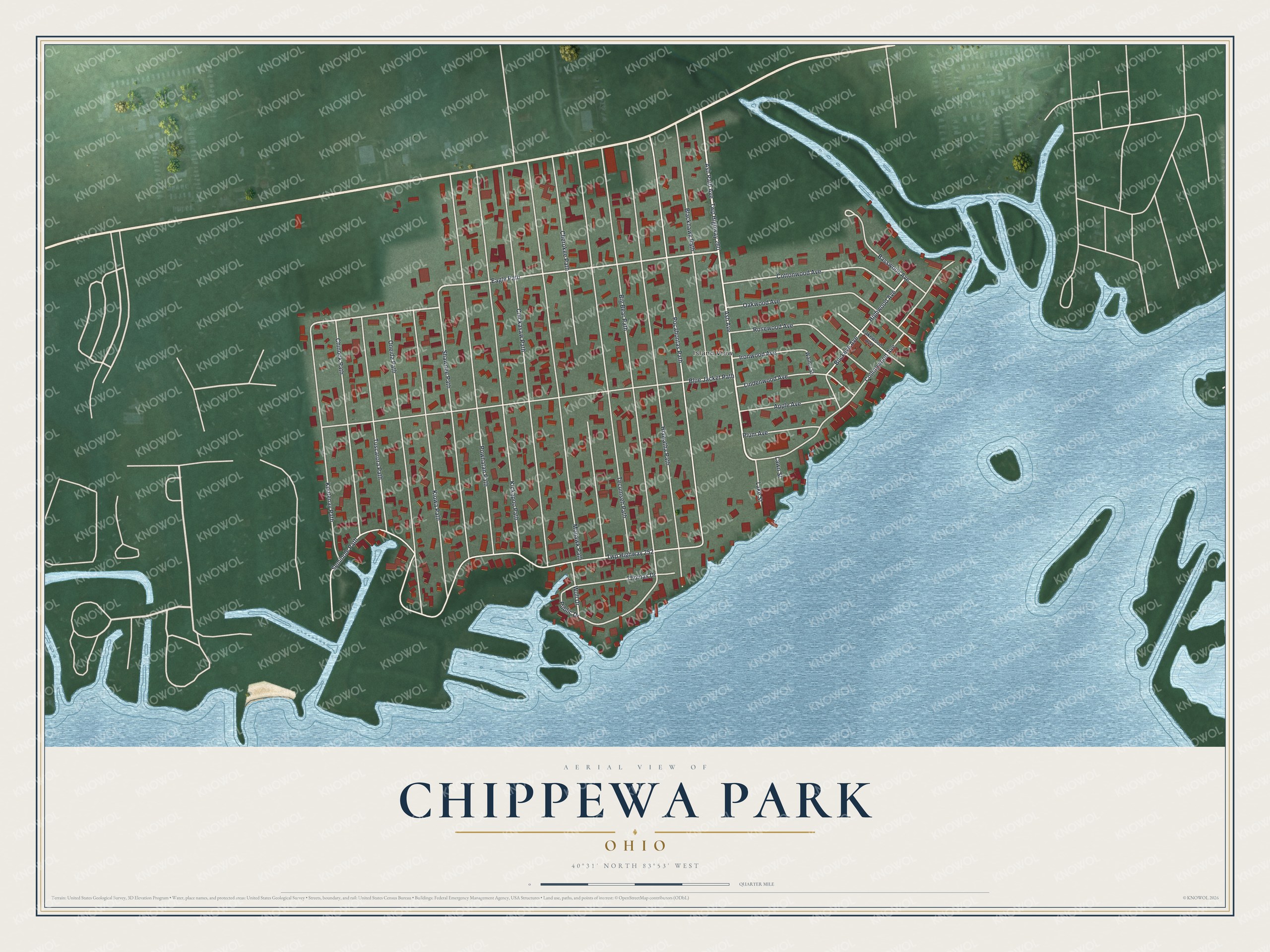 Full map of Chippewa Park, Ohio, with red buildings, printed street names and the land around them