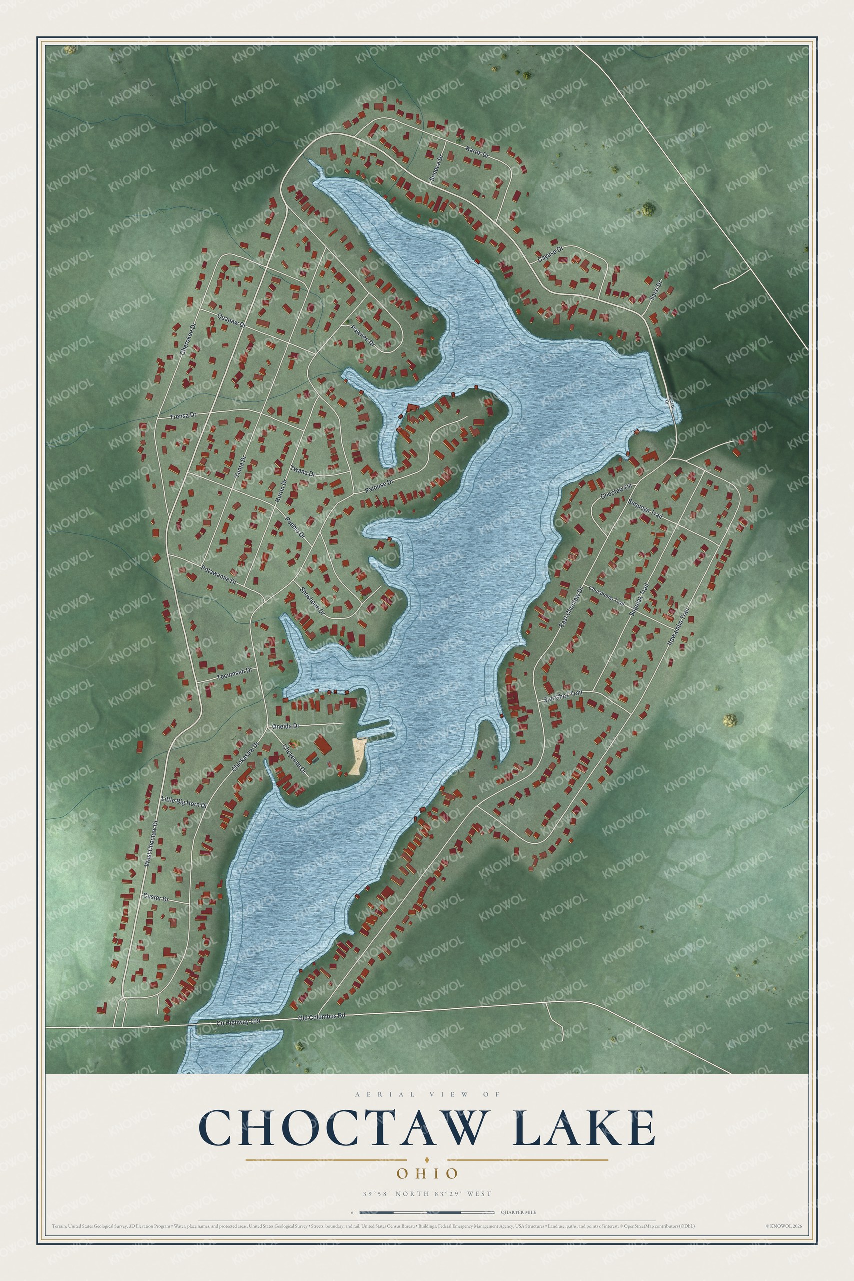 Full map of Choctaw Lake, Ohio, with red buildings, printed street names and the land around them