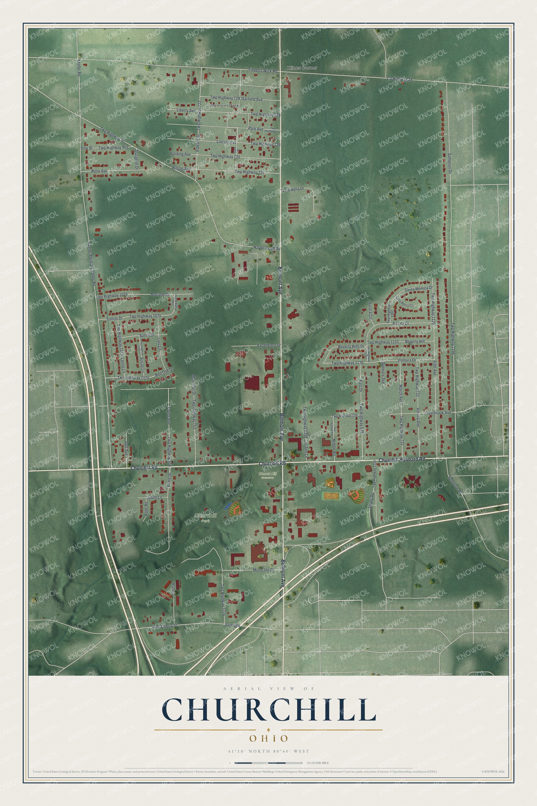 Full map of Churchill, Ohio, with red buildings, printed street names and the land around them