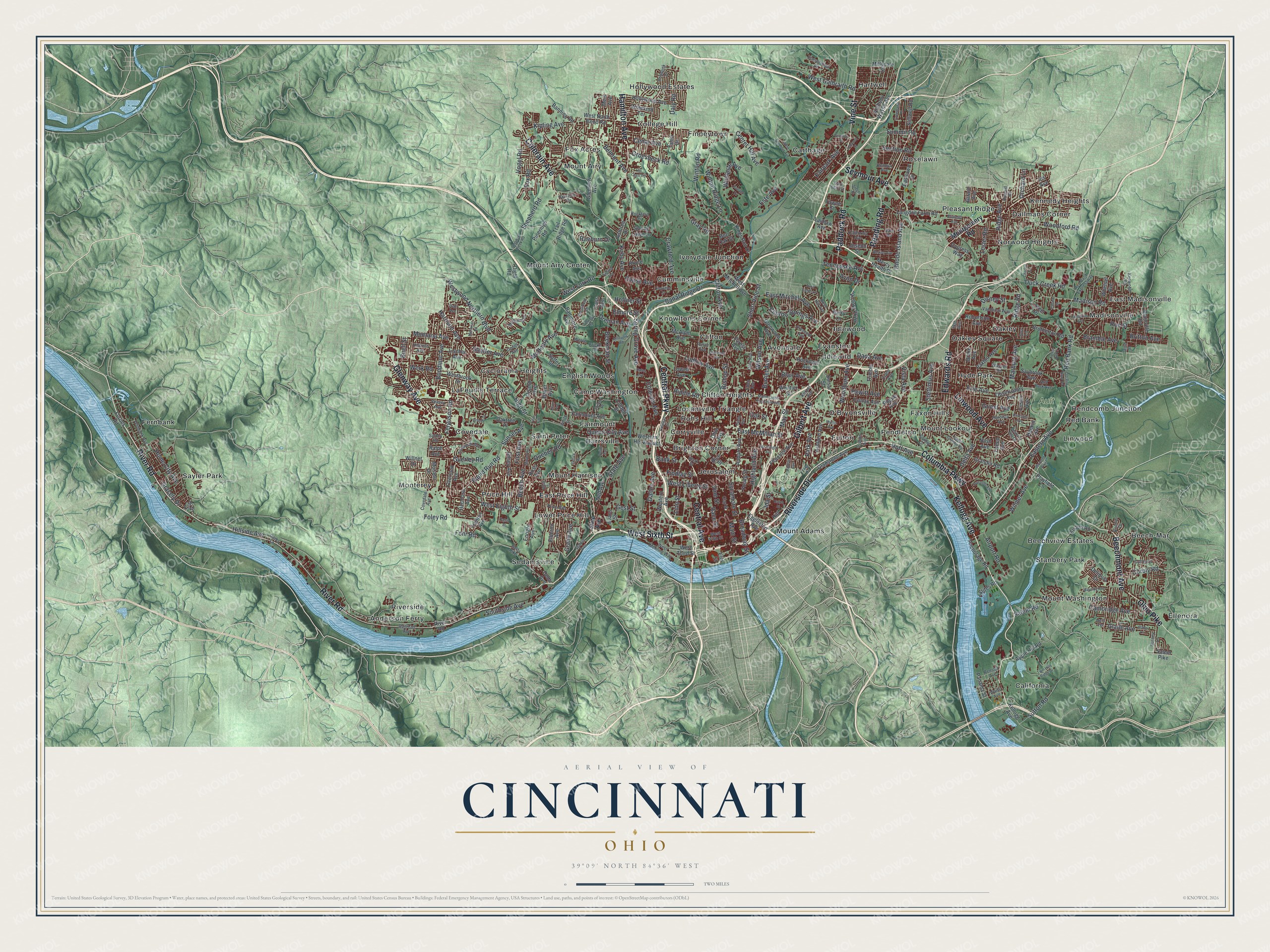Full map of Cincinnati, Ohio, with red buildings, printed street names and the land around them