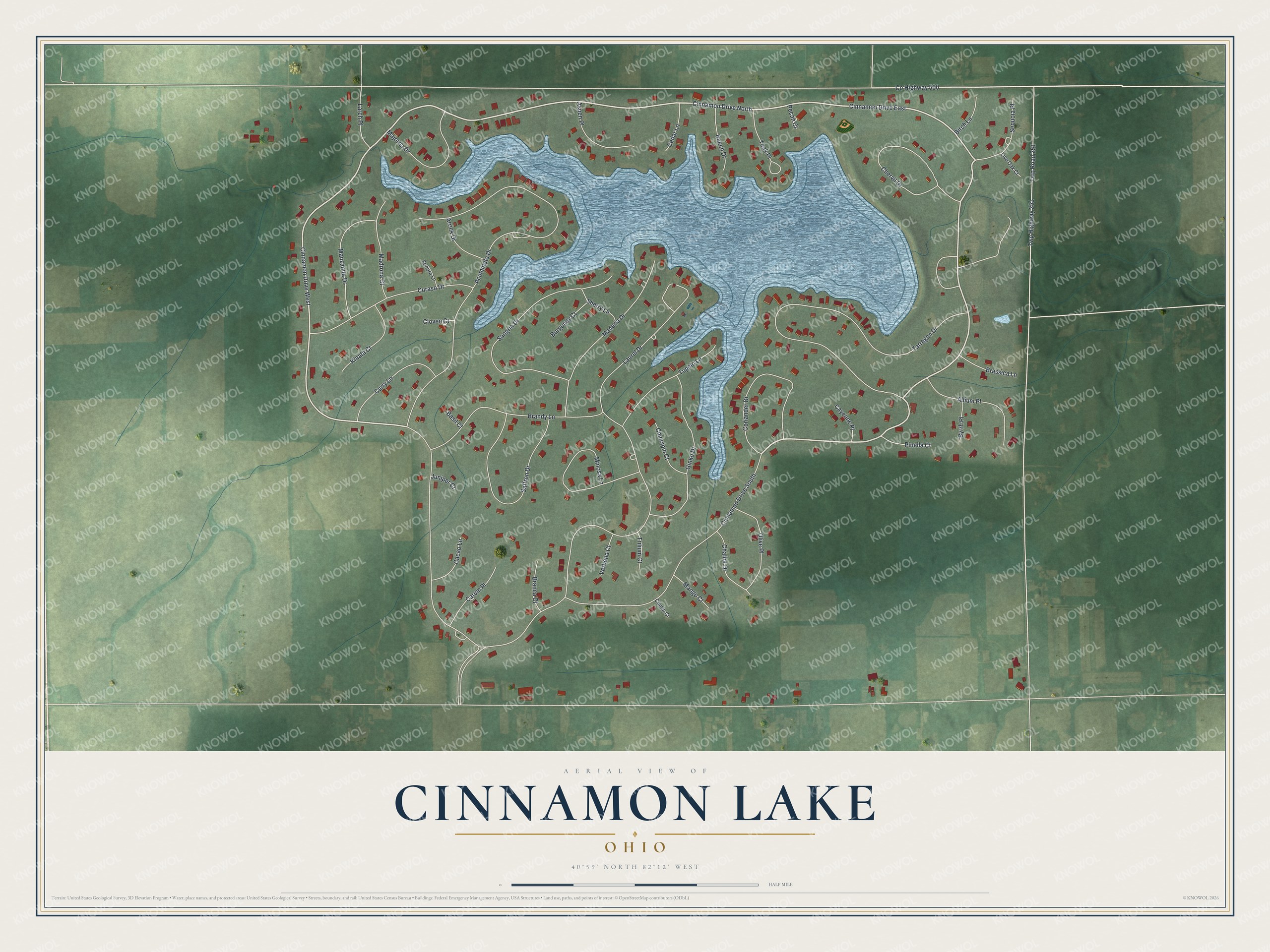 Full map of Cinnamon Lake, Ohio, with red buildings, printed street names and the land around them