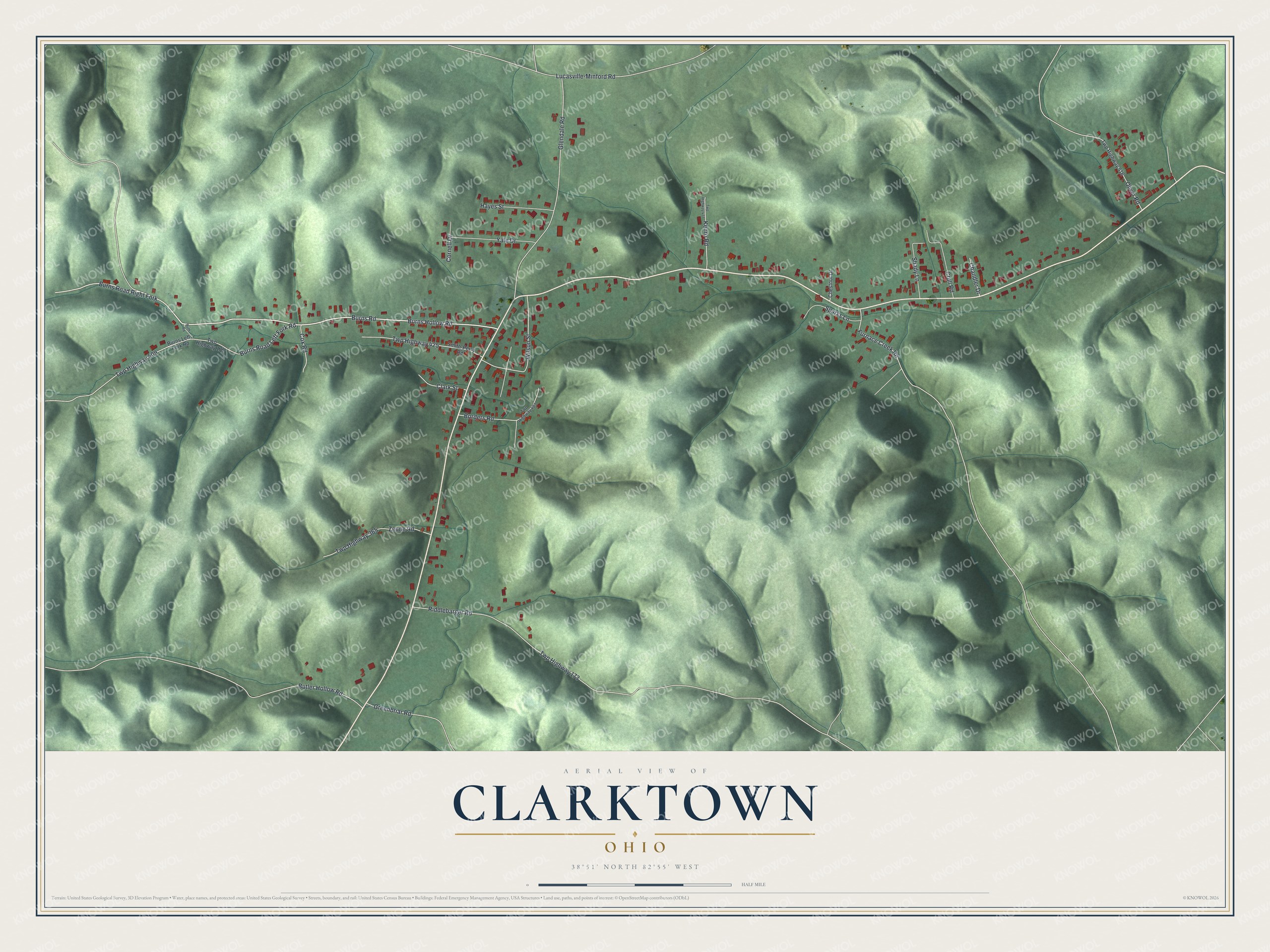 Full map of Clarktown, Ohio, with red buildings, printed street names and the land around them