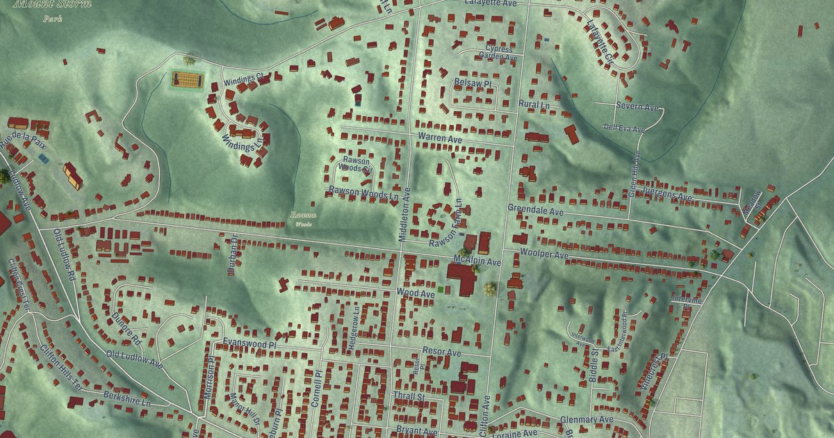 Close-up of streets and buildings in Clifton, Cincinnati, Ohio