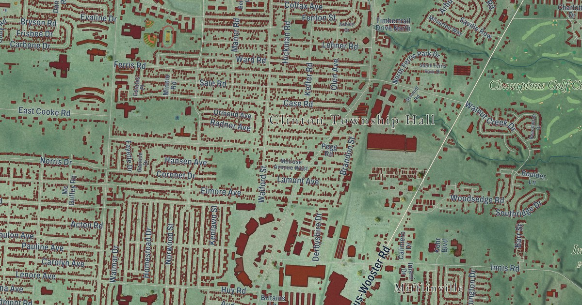 Close-up of streets and buildings in Clinton, Franklin County, Ohio