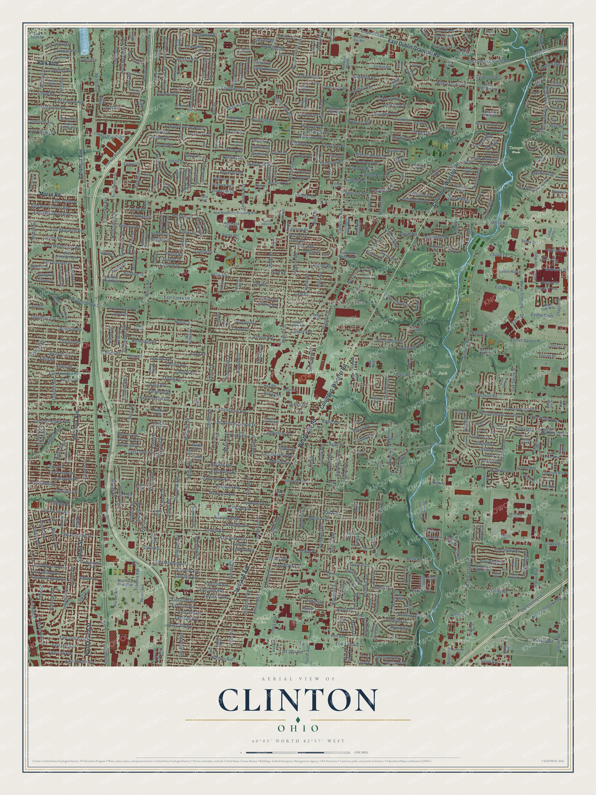 Full map of Clinton, Ohio, with red buildings, printed street names and the land around them