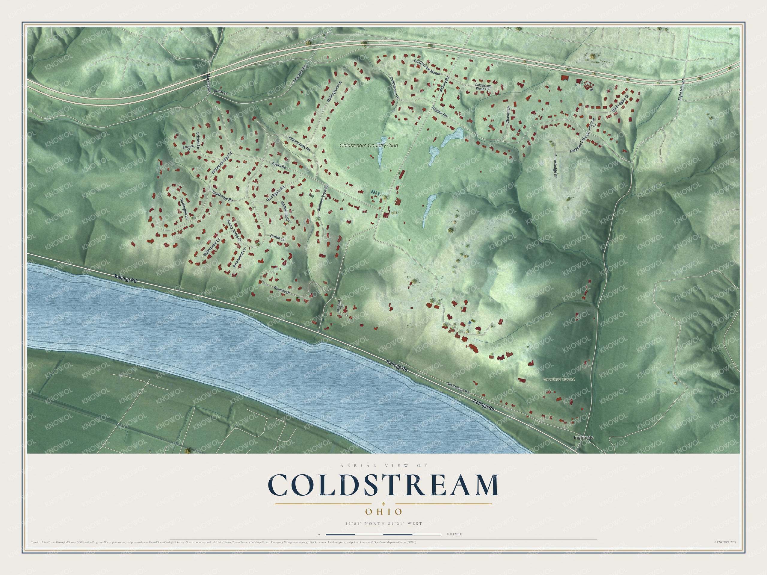 Full map of Coldstream, Ohio, with red buildings, printed street names and the land around them