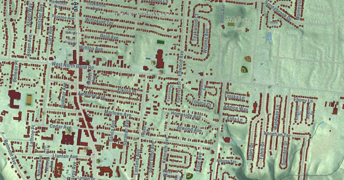 Close-up of streets and buildings in College Hill, Ohio