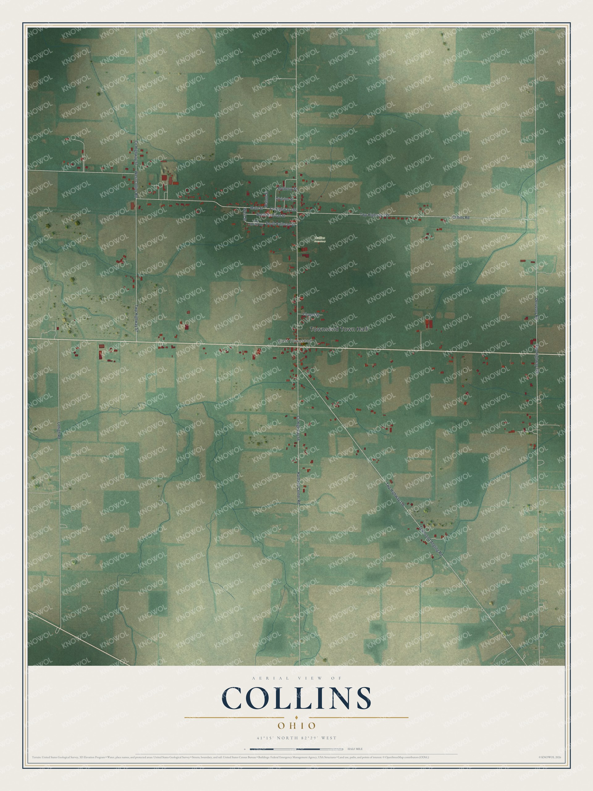 Full map of Collins, Ohio, with red buildings, printed street names and the land around them