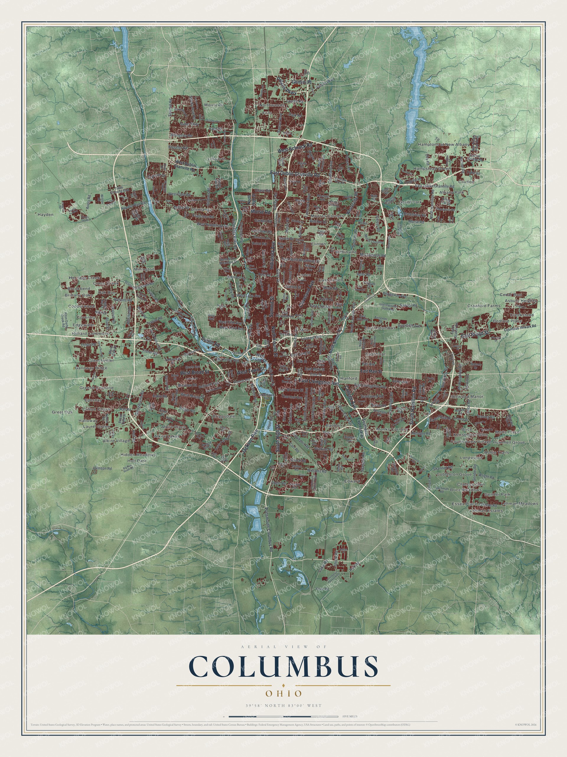 Full map of Columbus, Ohio, with red buildings, printed street names and the land around them