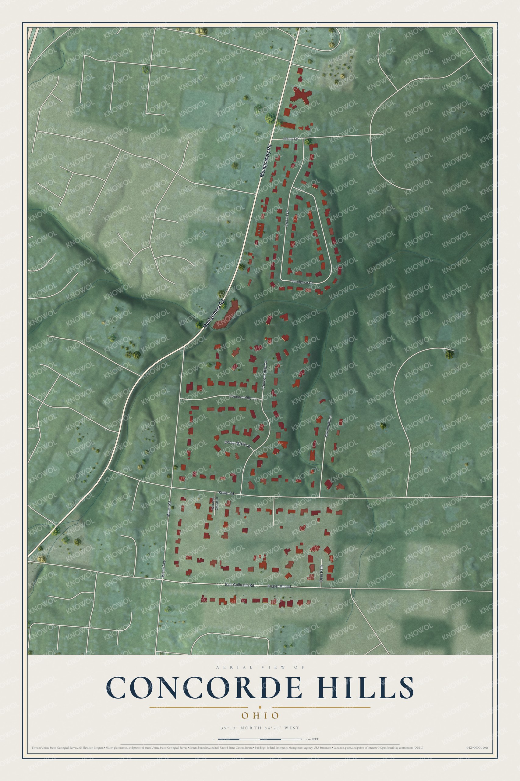Full map of Concorde Hills, Ohio, with red buildings, printed street names and the land around them