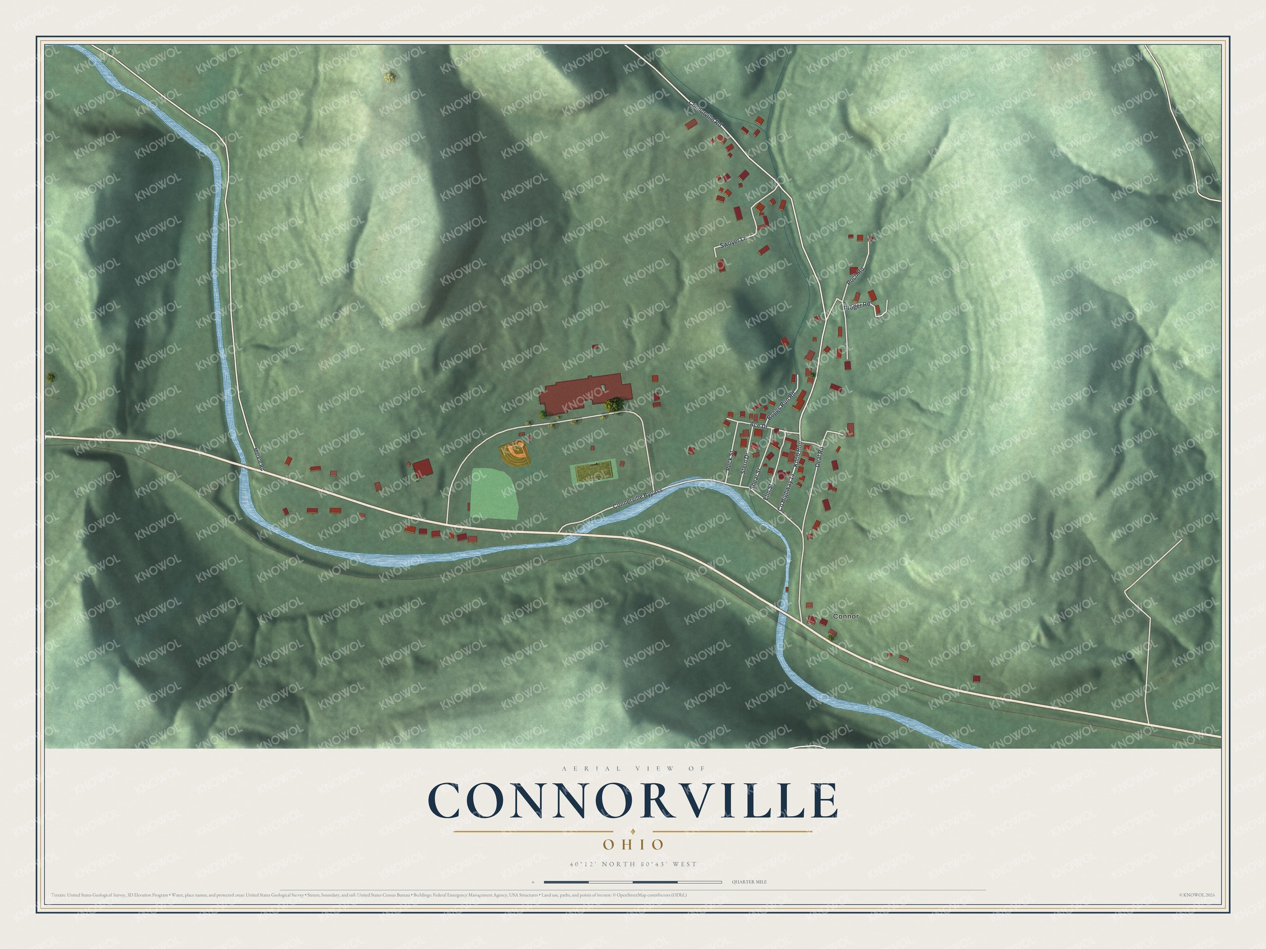 Full map of Connorville, Ohio, with red buildings, printed street names and the land around them