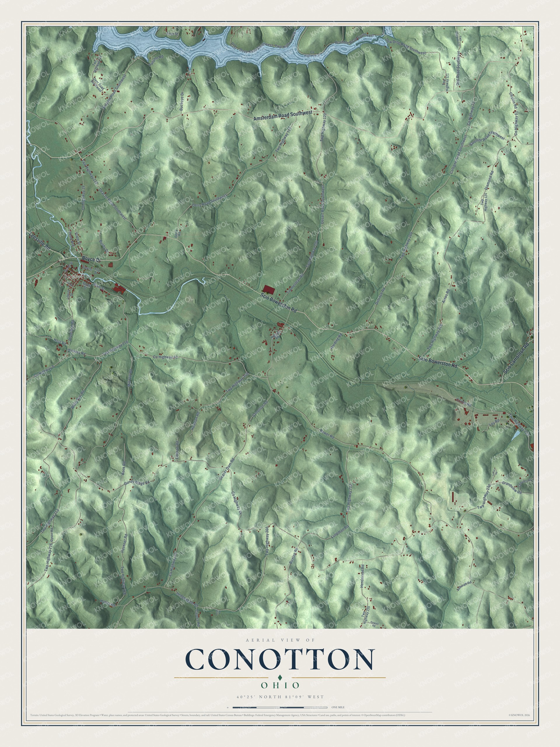 Full map of Conotton, Ohio, with red buildings, printed street names and the land around them