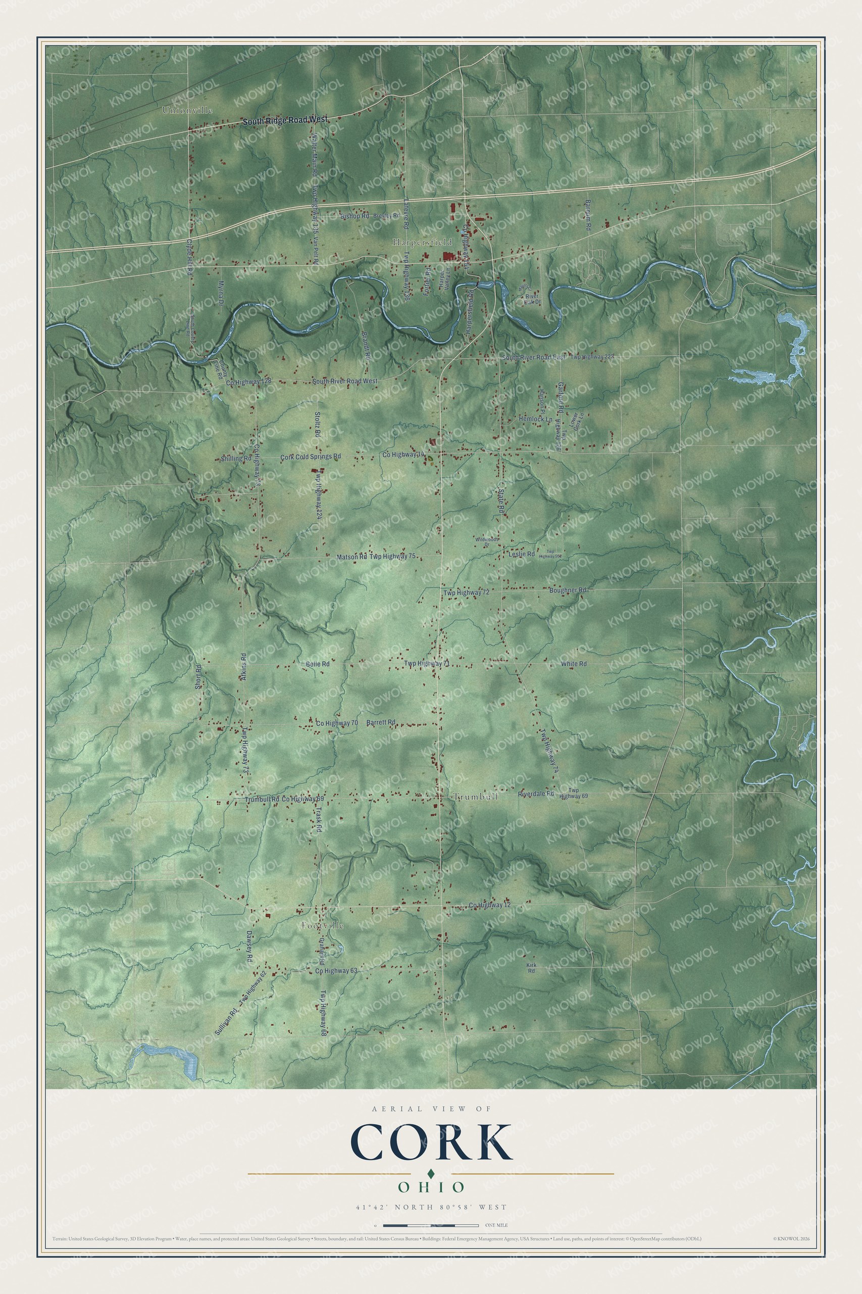 Full map of Cork, Ohio, with red buildings, printed street names and the land around them